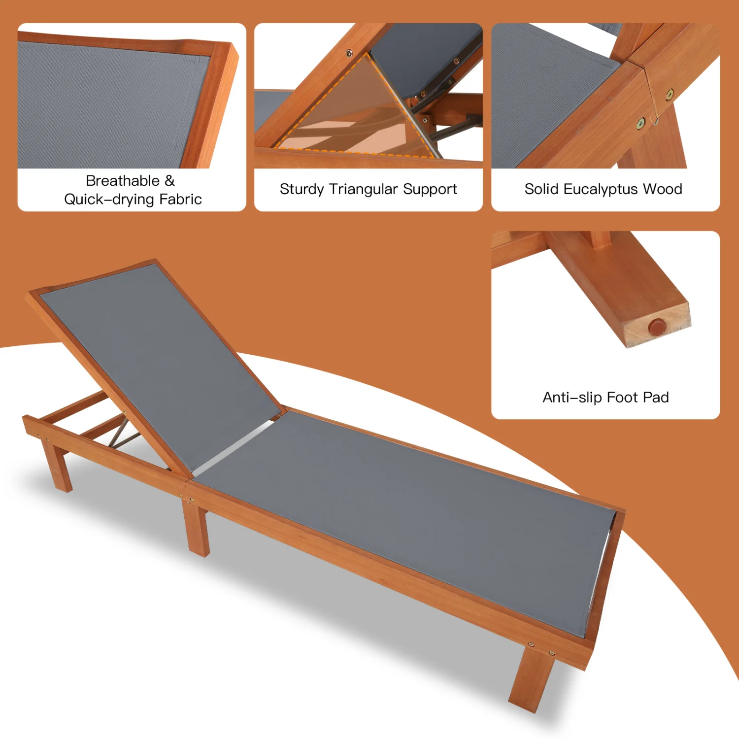Adjustable Outdoor Wood Chaise Lounge Chair - Image 8