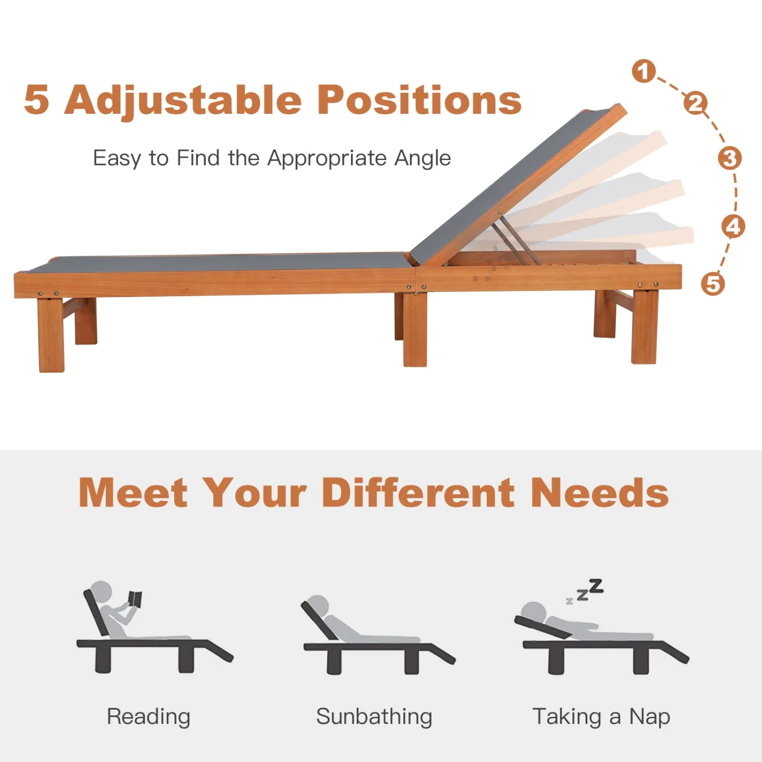 Adjustable Outdoor Wood Chaise Lounge Chair - Image 9