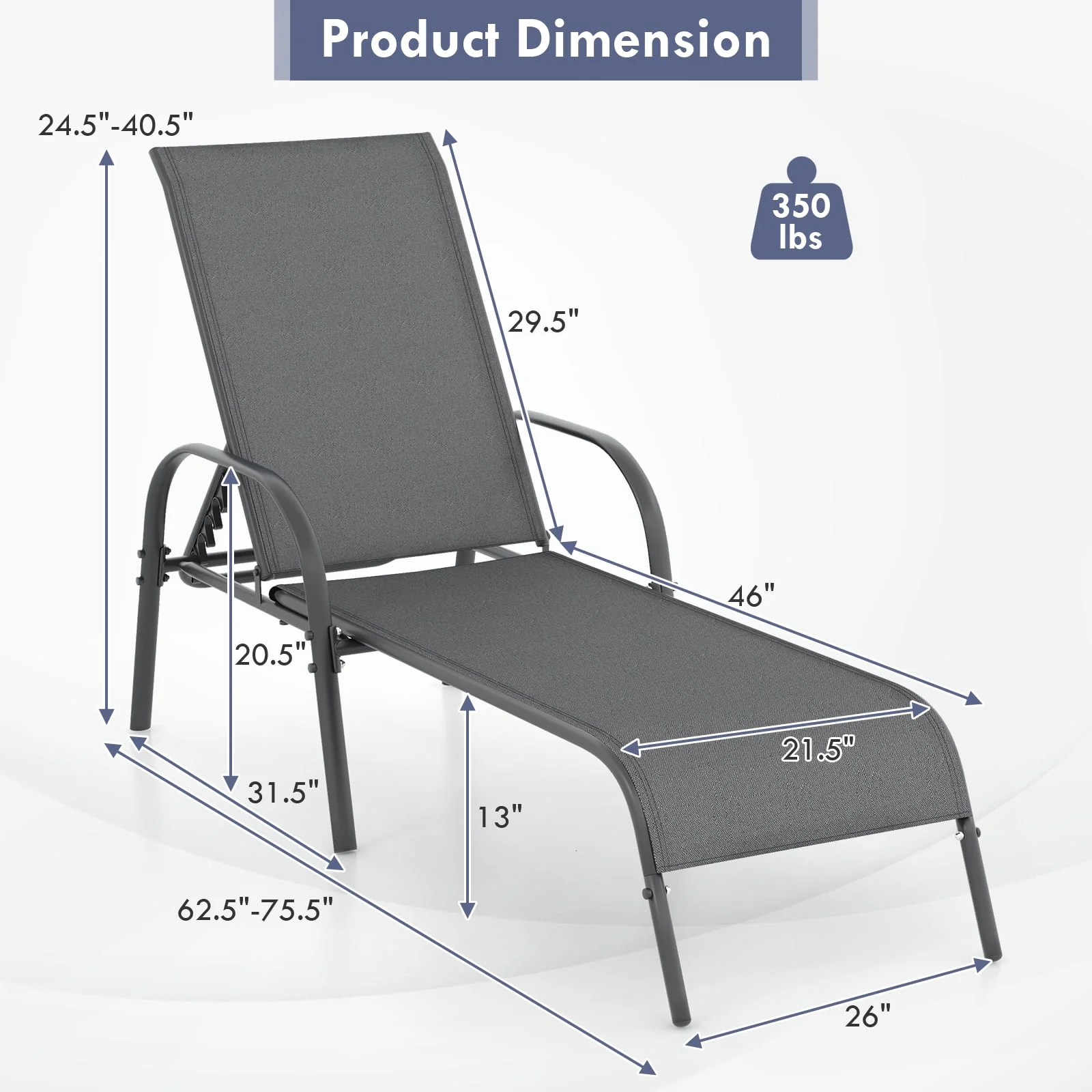 Adjustable Patio Chaise Folding Lounge Chair, Dark Gray - Image 4