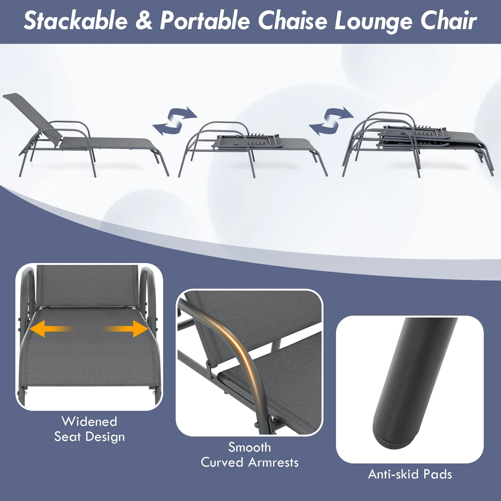 Adjustable Patio Chaise Folding Lounge Chair, Dark Gray - Image 7