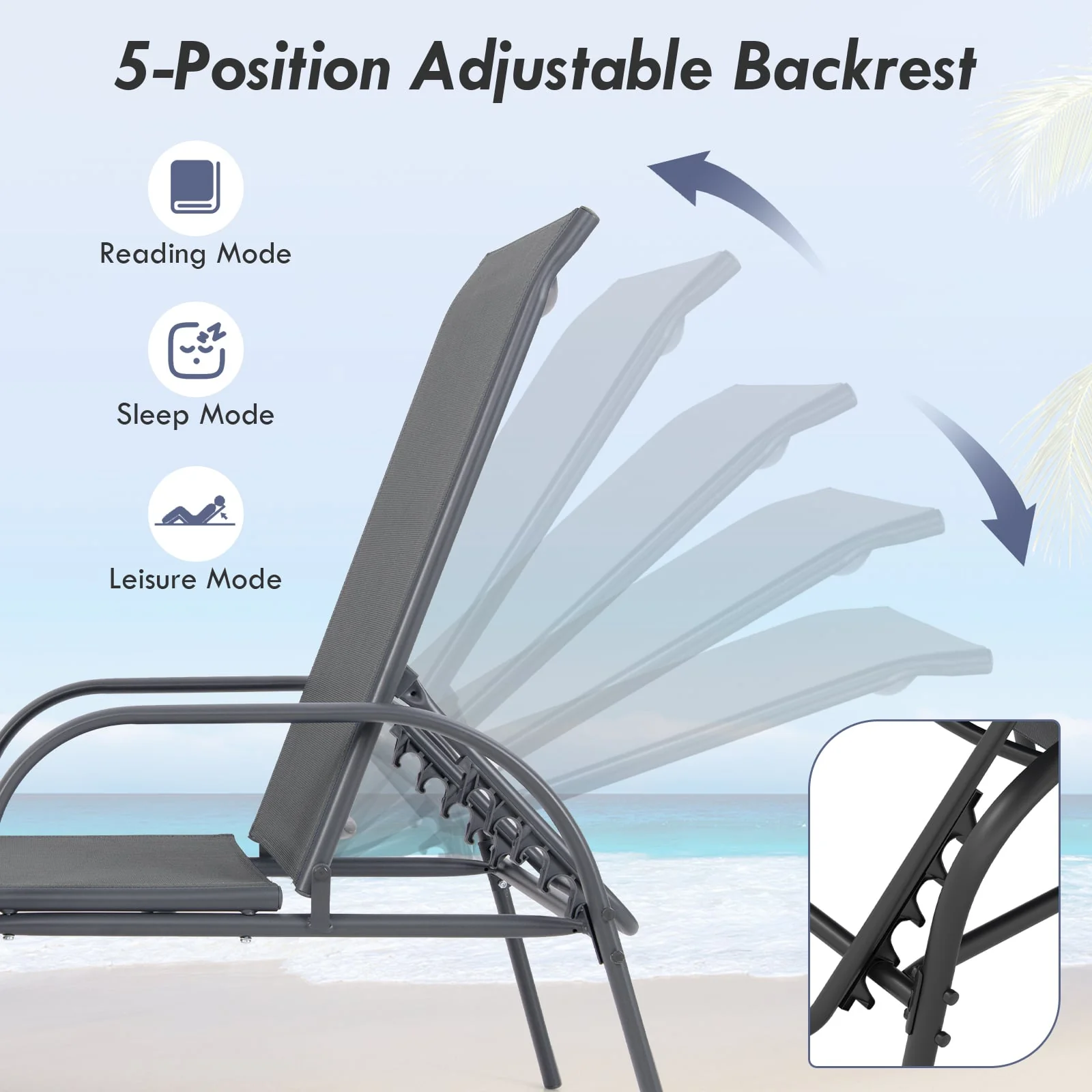 Adjustable Patio Chaise Folding Lounge Chair, Dark Gray - Image 8