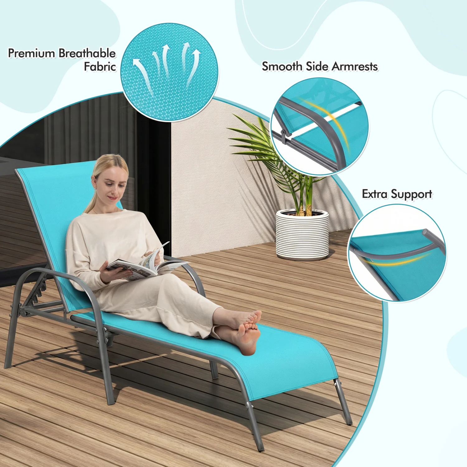 Adjustable Patio Chaise Folding Lounge Chair, Turquoise - Image 10