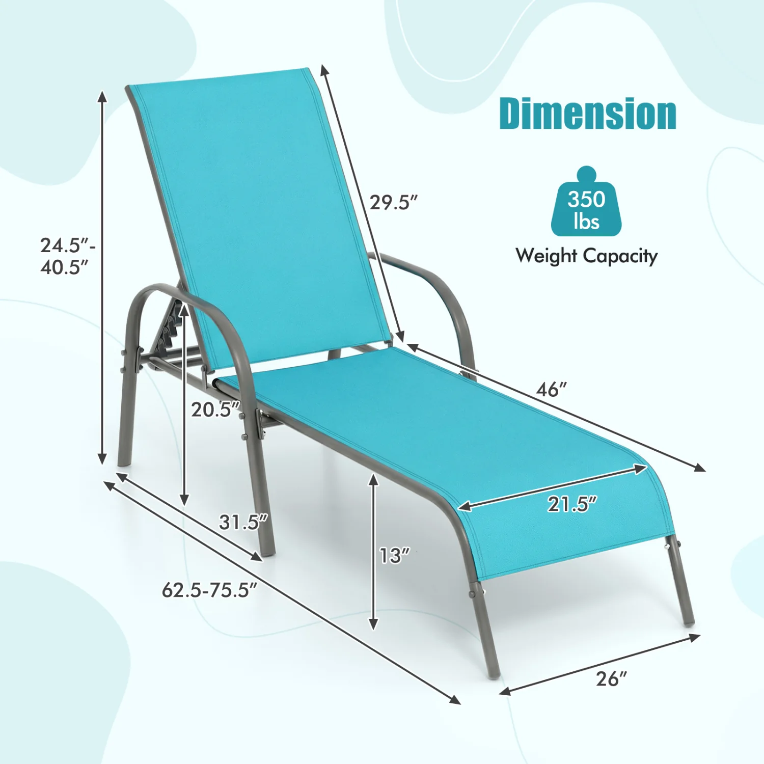 Adjustable Patio Chaise Folding Lounge Chair, Turquoise - Image 5