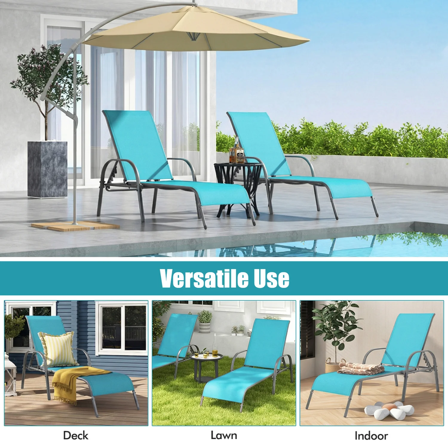 Adjustable Patio Chaise Folding Lounge Chair, Turquoise - Image 6