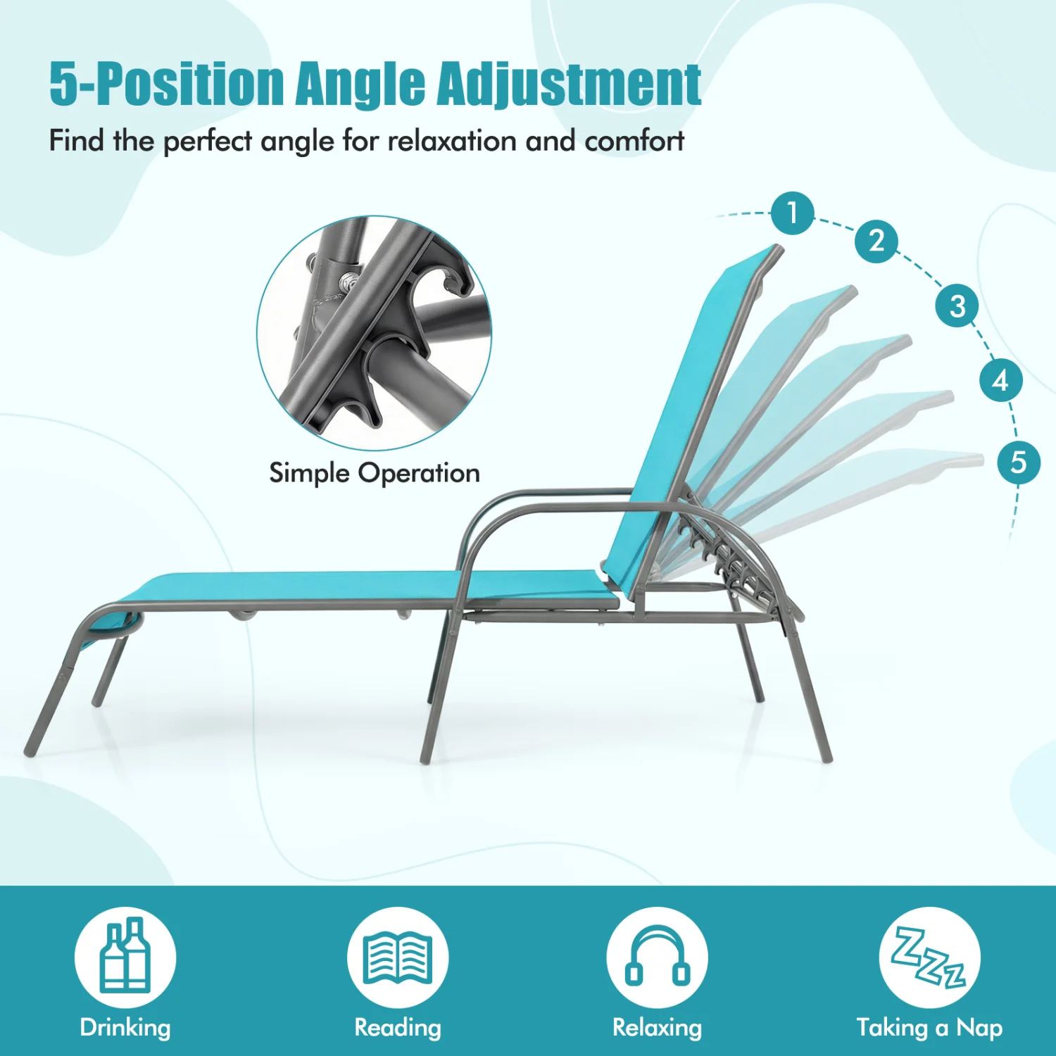 Adjustable Patio Chaise Folding Lounge Chair, Turquoise - Image 8