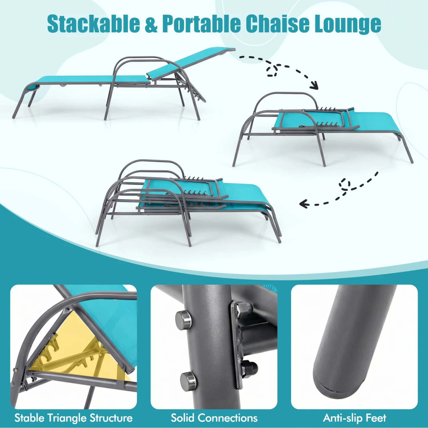 Adjustable Patio Chaise Folding Lounge Chair, Turquoise - Image 9