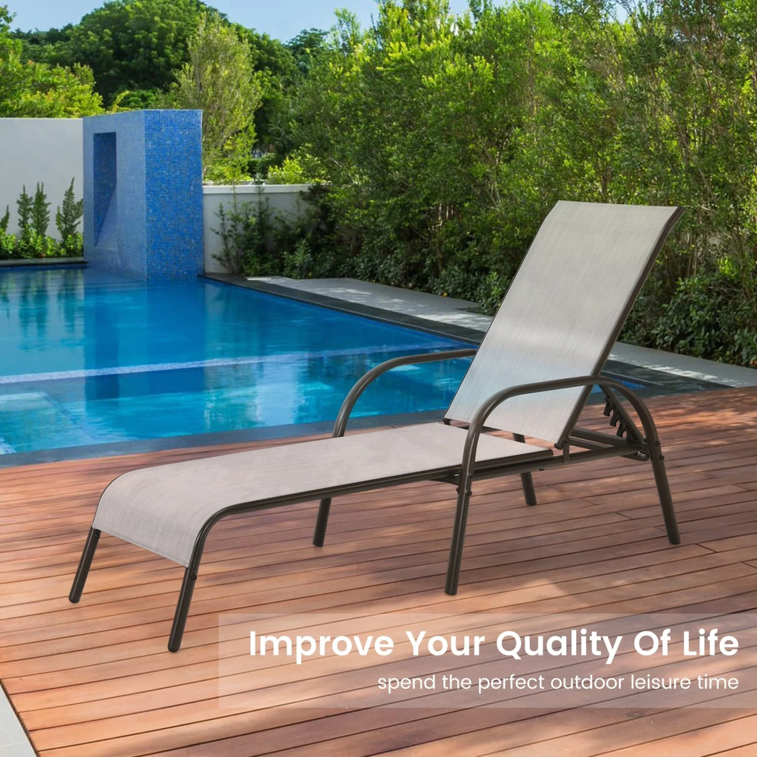 Adjustable Patio Chaise Lounge Chair, Folding, Gray - Image 8