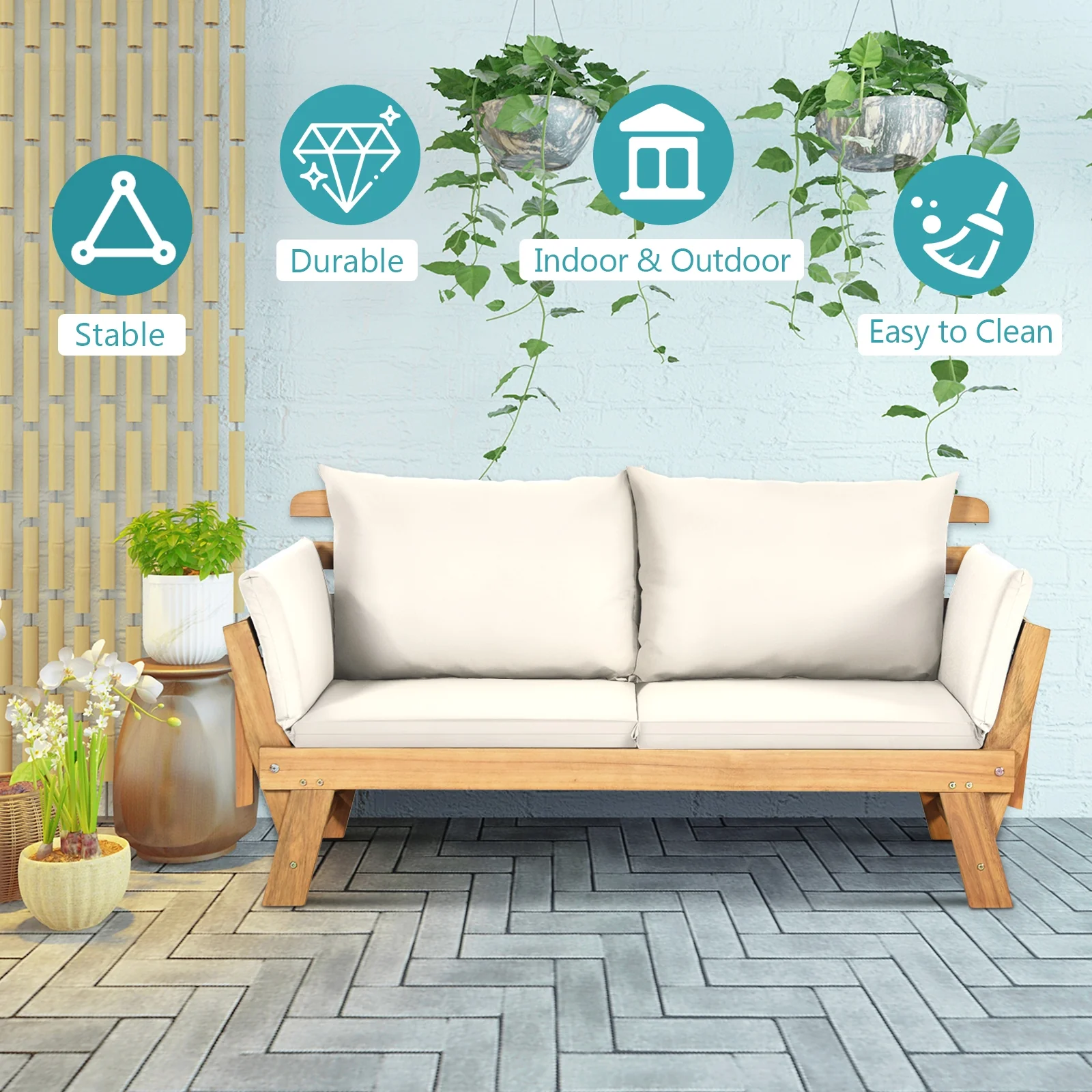 Adjustable Patio Convertible Sofa, Thick Cushion, White - Image 3