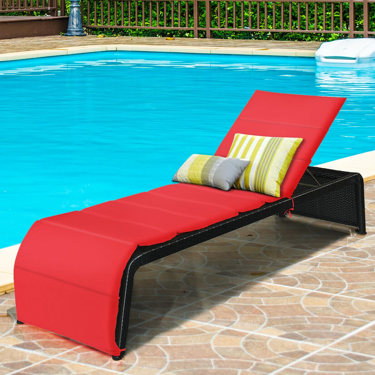 Adjustable Patio Rattan Lounge Chair With Cushions, Red - Image 2
