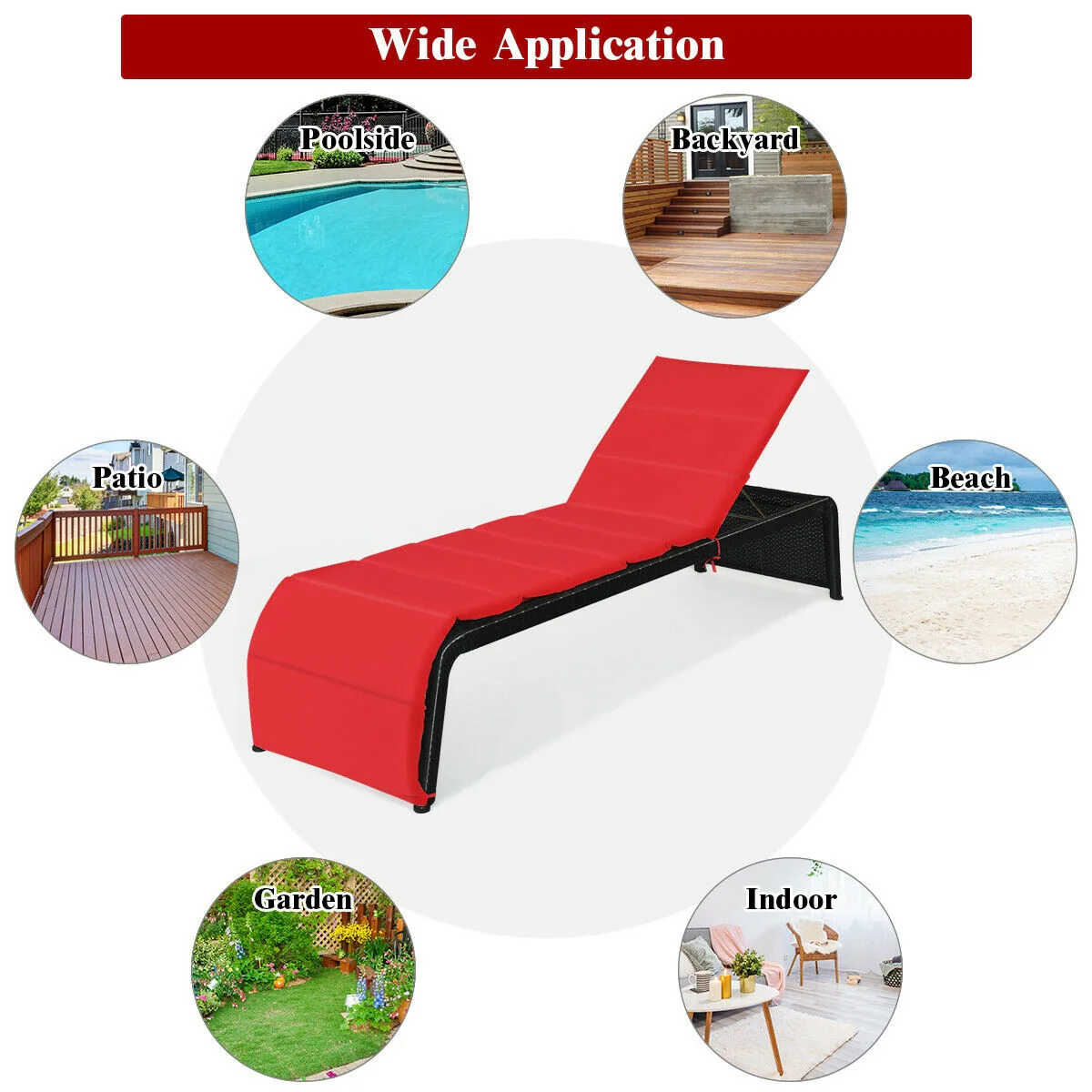 Adjustable Patio Rattan Lounge Chair With Cushions, Red - Image 3