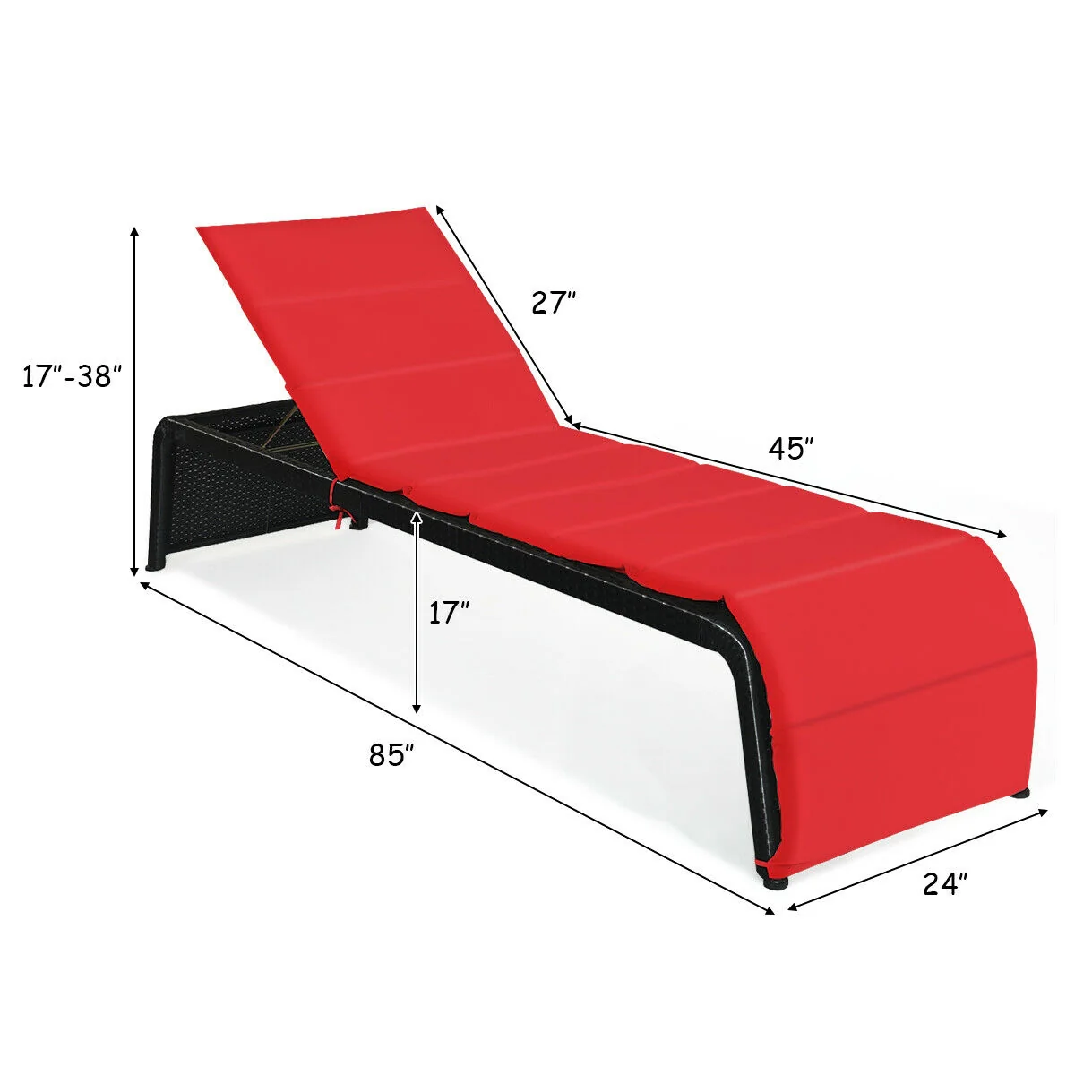 Adjustable Patio Rattan Lounge Chair With Cushions, Red - Image 5
