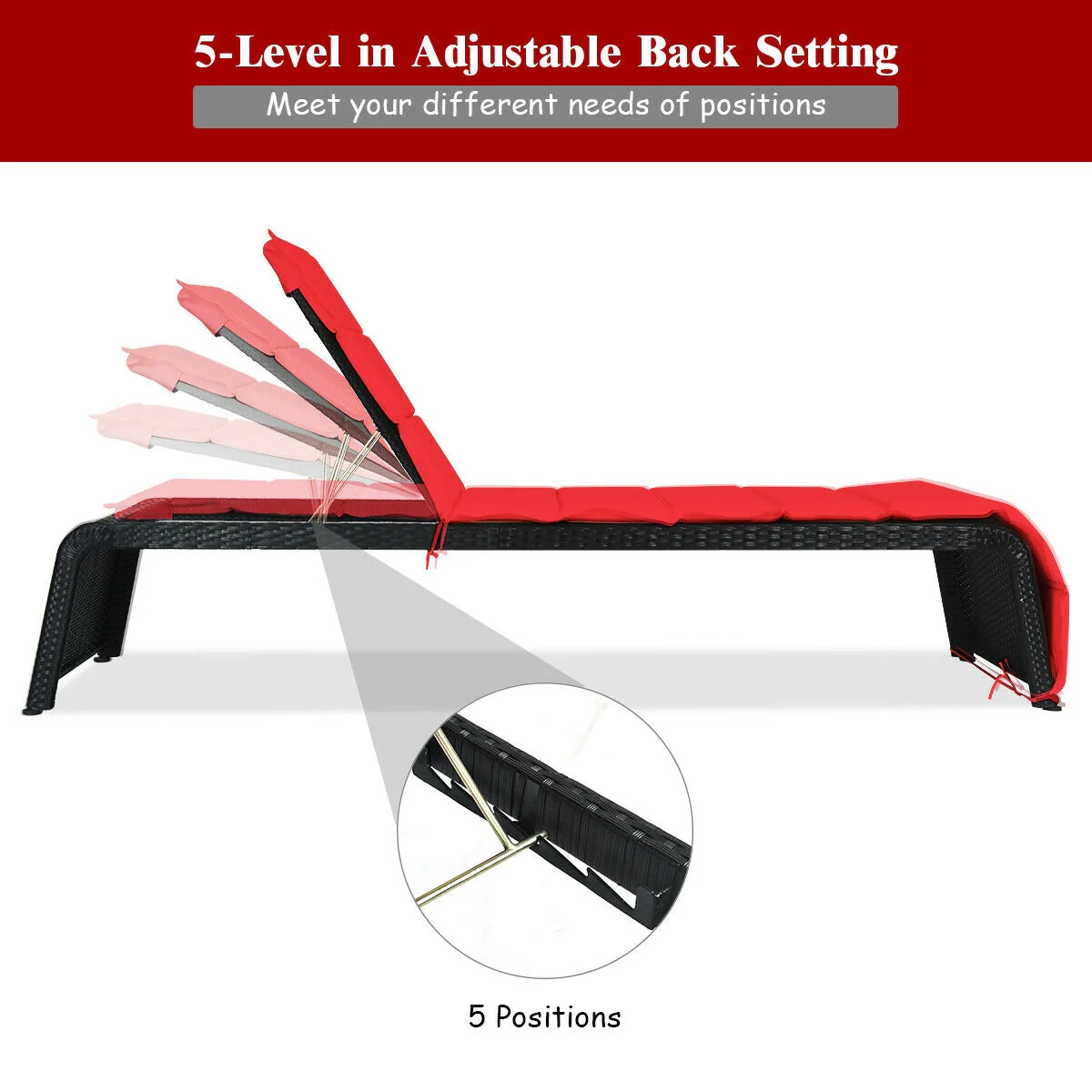 Adjustable Patio Rattan Lounge Chair With Cushions, Red - Image 6