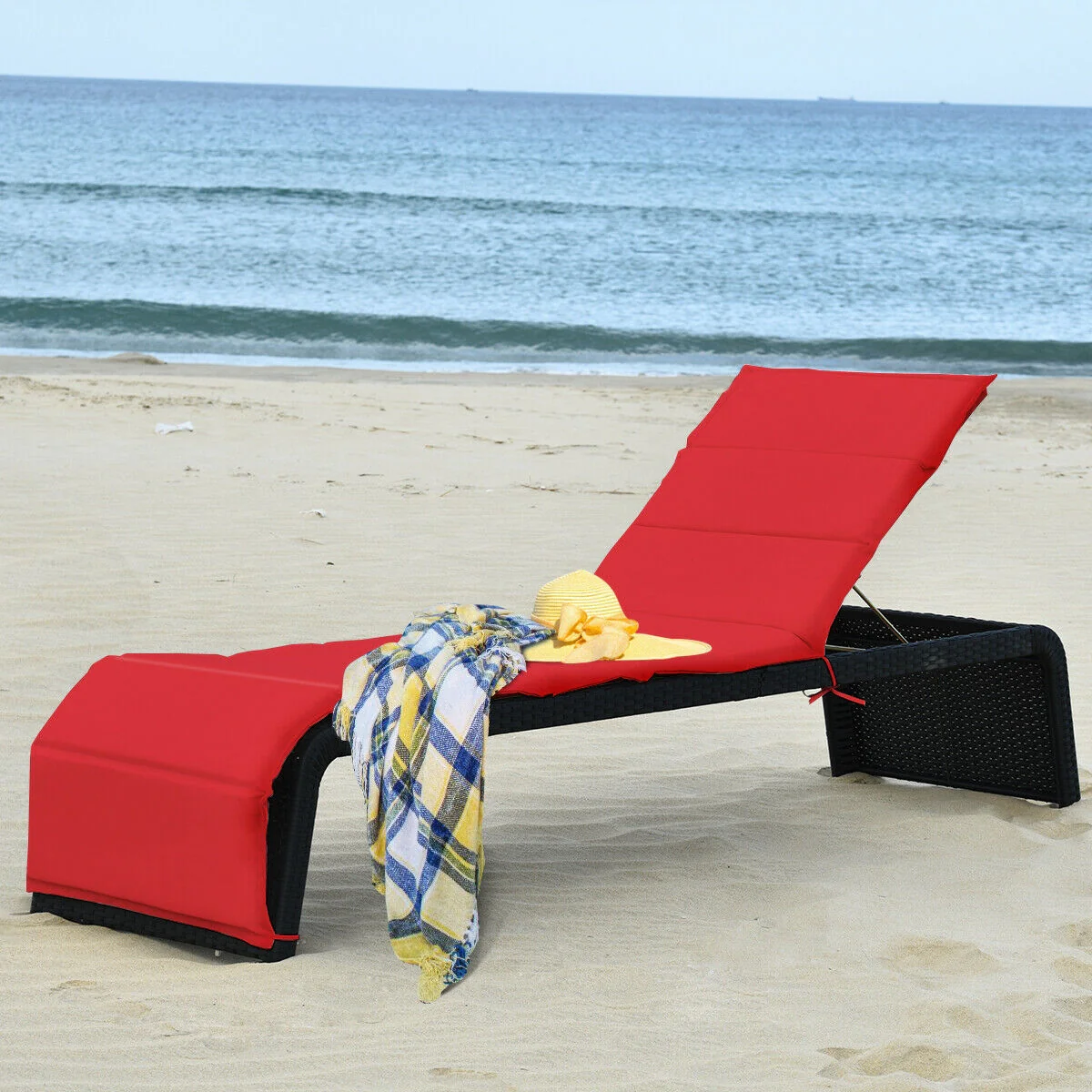 Adjustable Patio Rattan Lounge Chair With Cushions, Red - Image 8