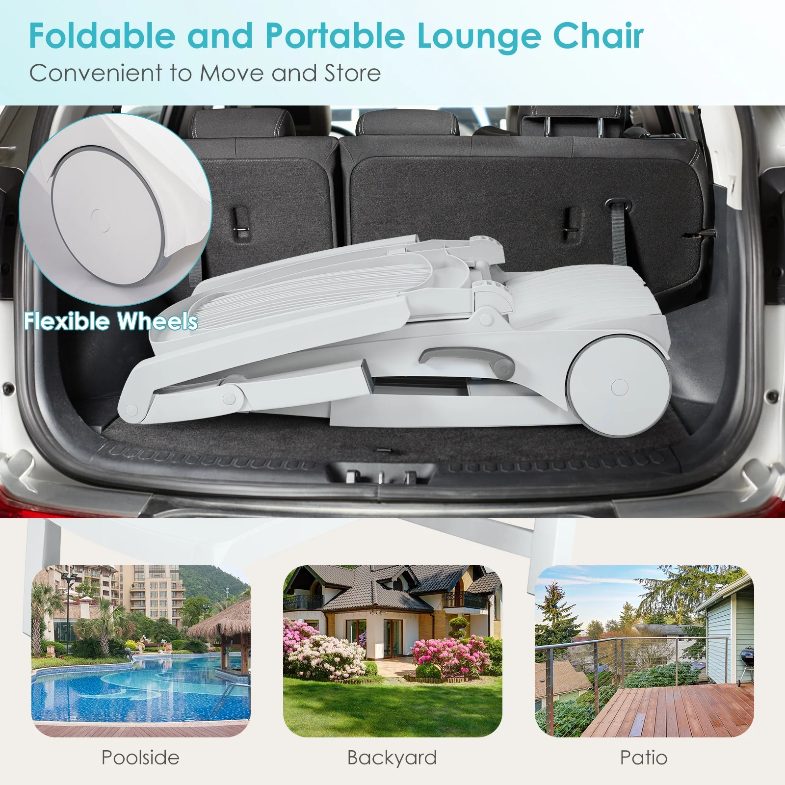 Adjustable Patio Sun Lounger, Weather Resistant Wheels, White - Image 3