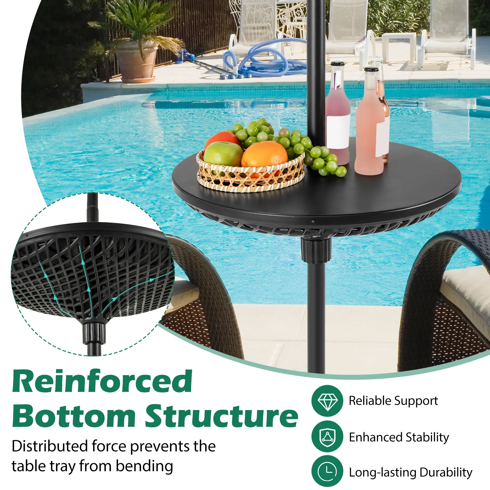 Adjustable Patio Umbrella Table Tray, Black - Image 8