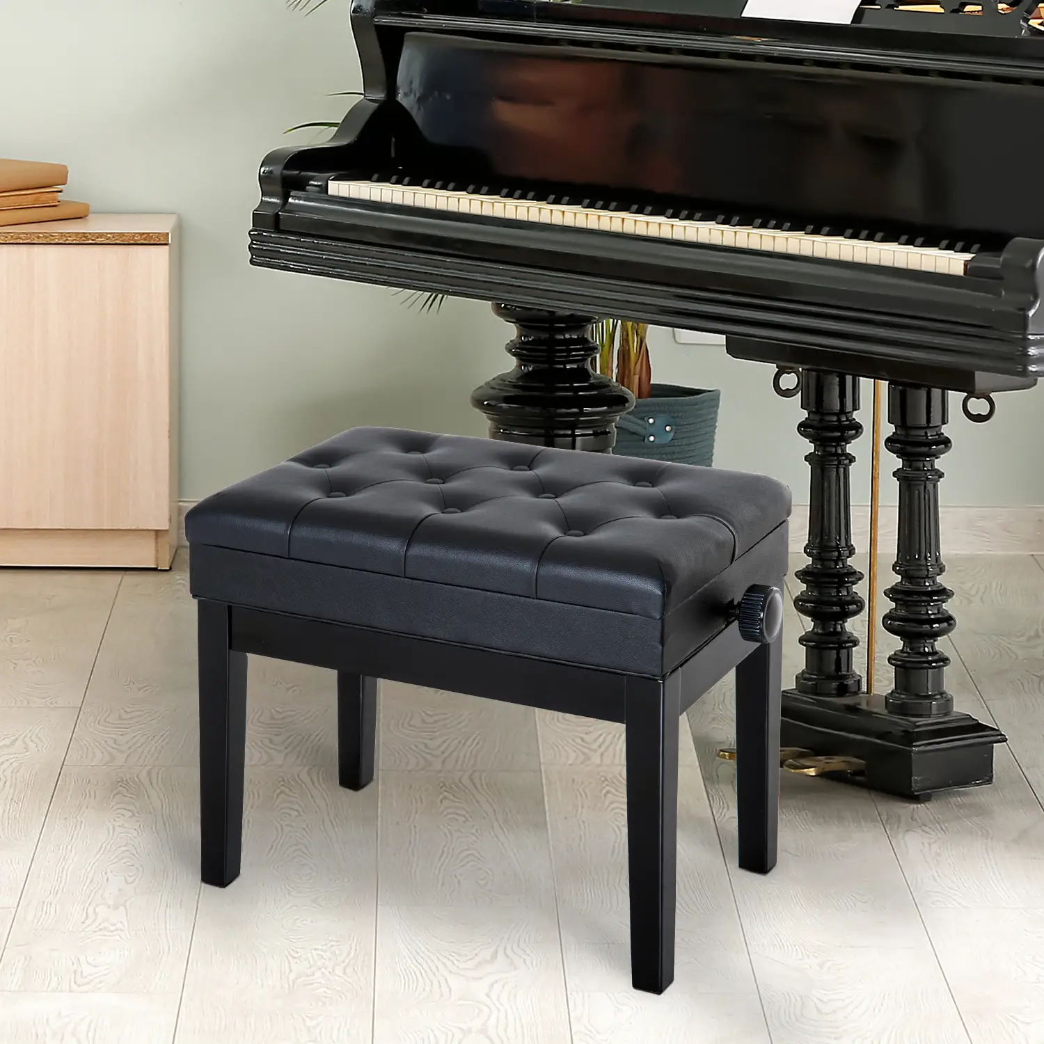 Adjustable Piano Bench, Storage, Soft PU Leather Padded, Black - Image 10
