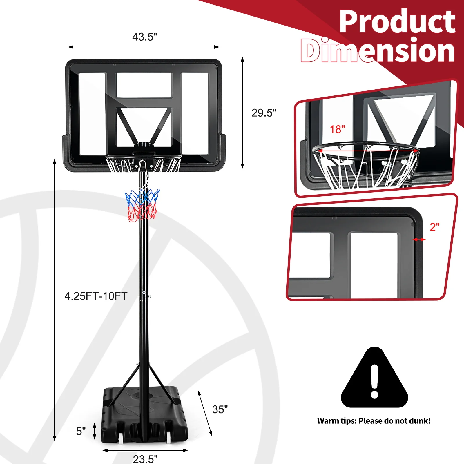 Adjustable Portable Basketball Hoop Stand, Shatterproof Backboard Wheels, Black - Image 6