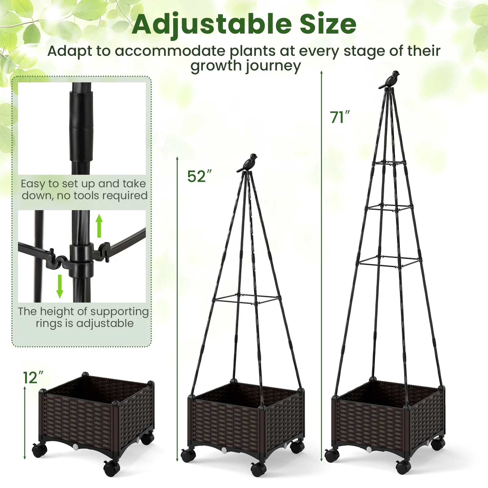Adjustable Raised Garden Bed, With Plant Box, Trellis, Lockable Wheels, Brown - Image 7