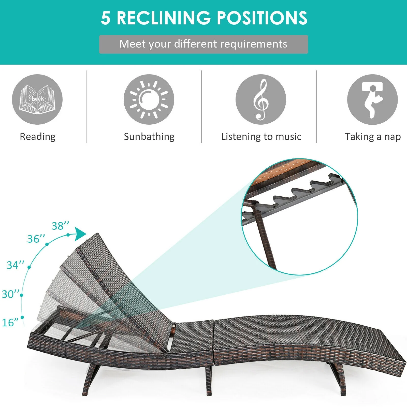 Adjustable Rattan Chaise Lounge Chair With Cushion, Turquoise - Image 10