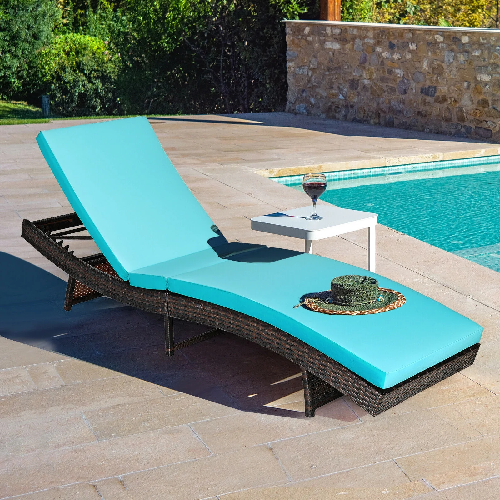Adjustable Rattan Chaise Lounge Chair With Cushion, Turquoise - Image 3