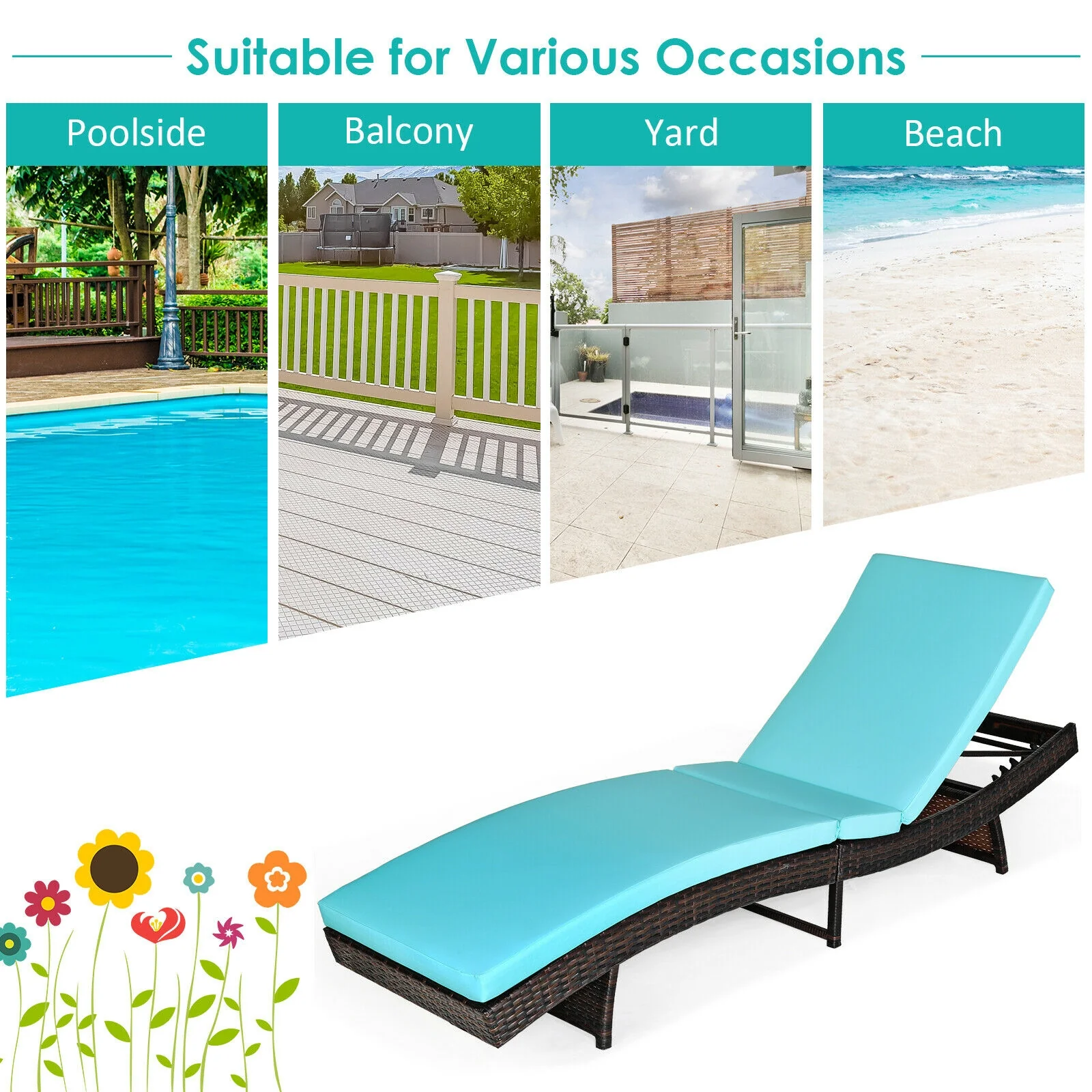 Adjustable Rattan Chaise Lounge Chair With Cushion, Turquoise - Image 9