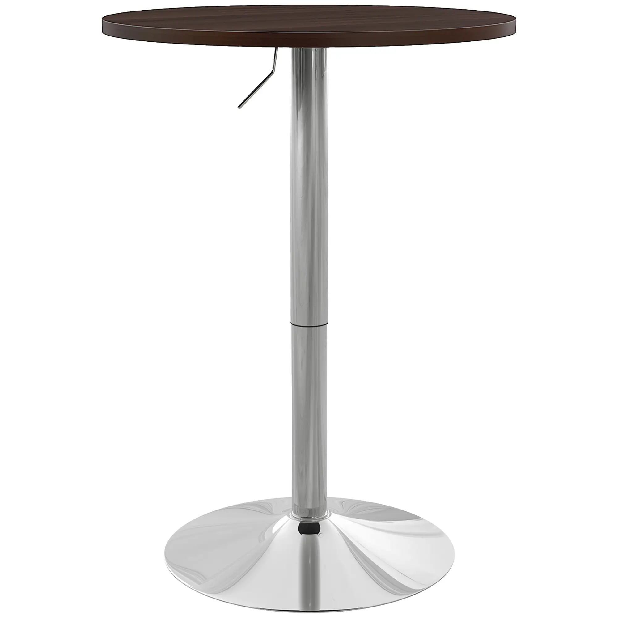 Adjustable Round High Top Bar Table, Swivel Top, Steel Base, Walnut