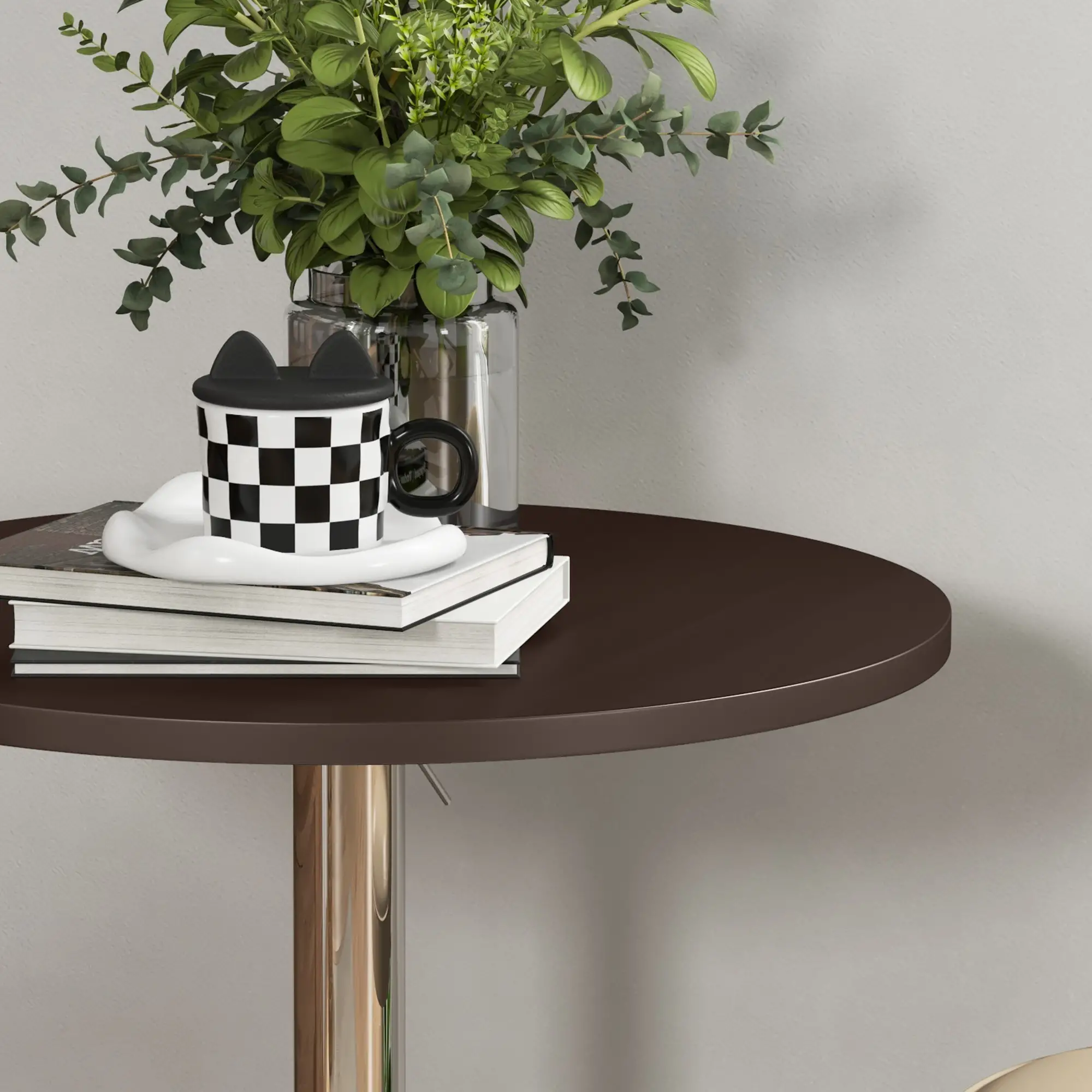 Adjustable Round High Top Bar Table, Swivel Top, Steel Base, Walnut - Image 10