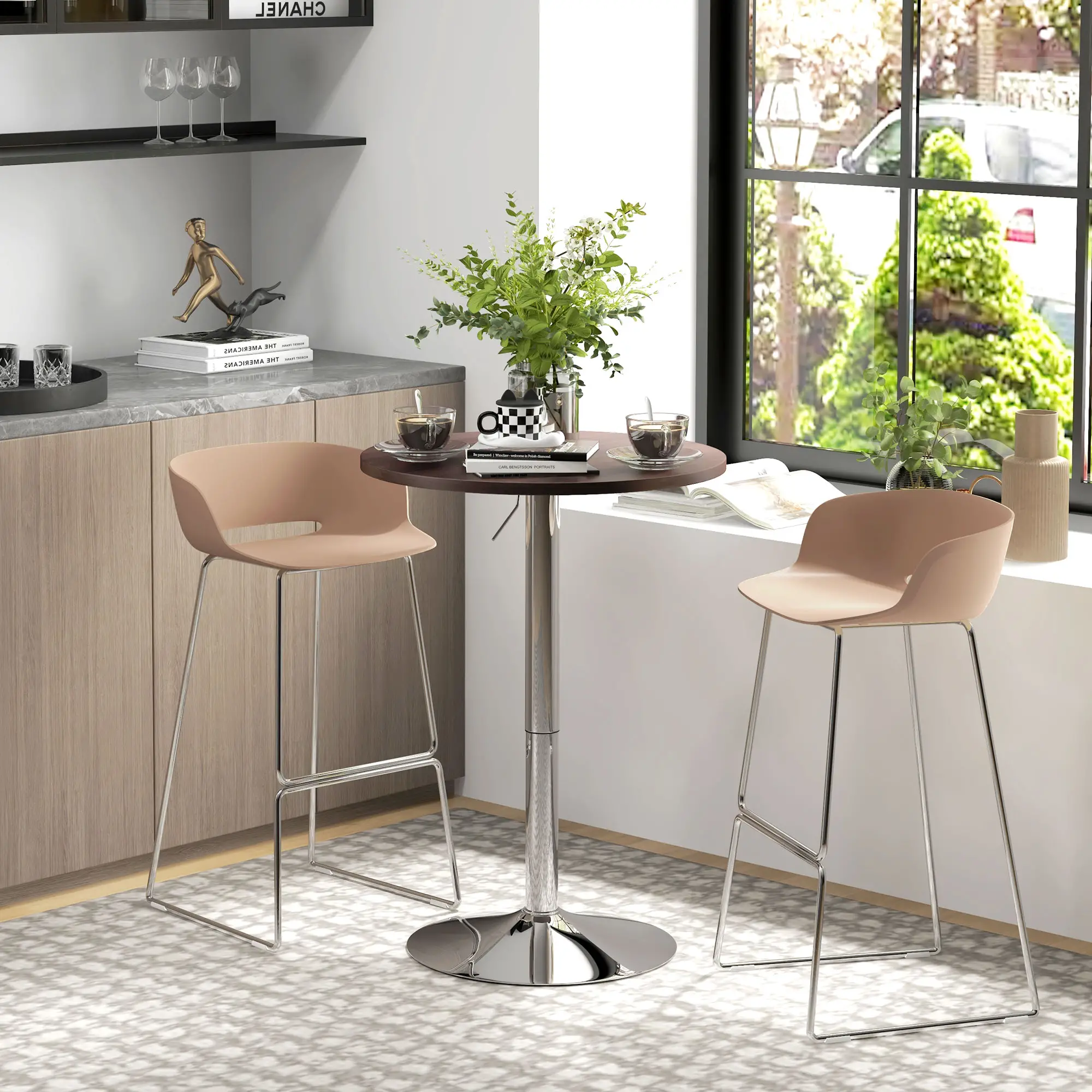 Adjustable Round High Top Bar Table, Swivel Top, Steel Base, Walnut - Image 2