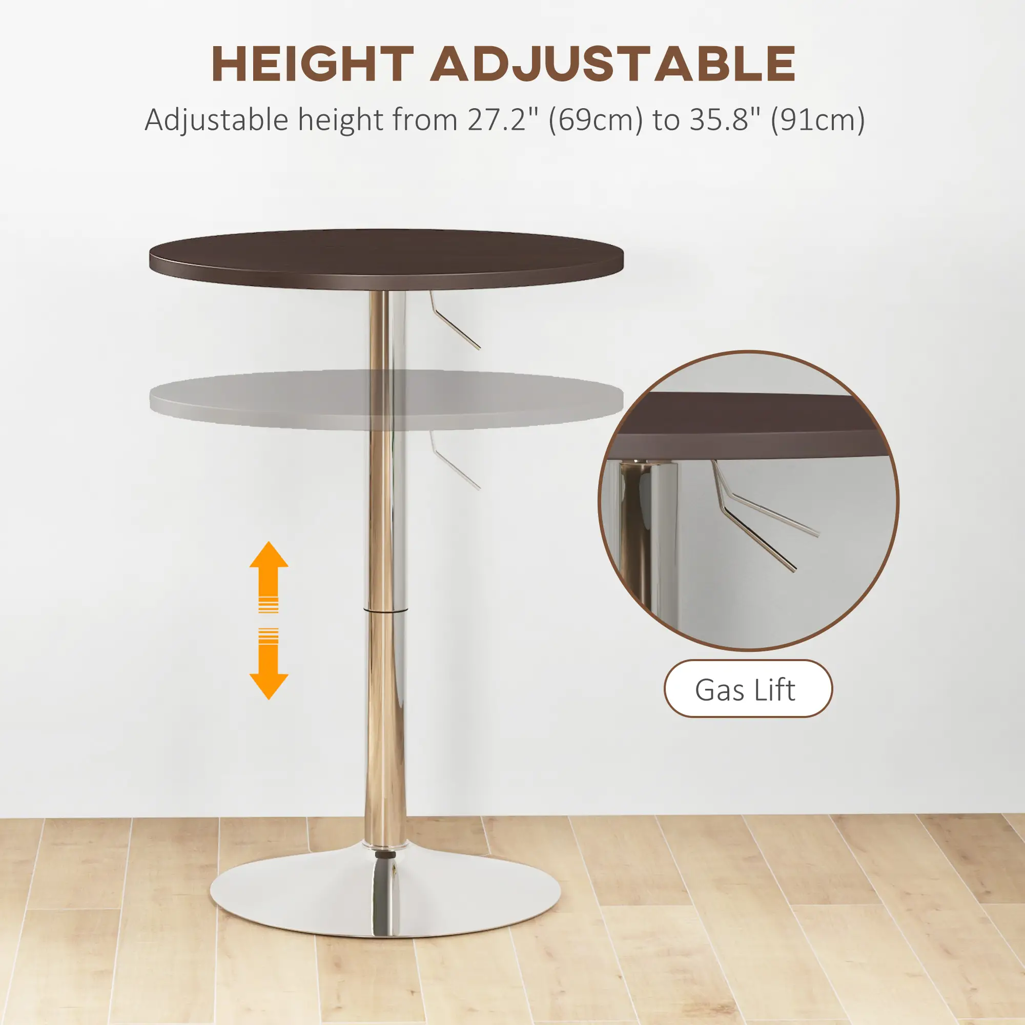 Adjustable Round High Top Bar Table, Swivel Top, Steel Base, Walnut - Image 4