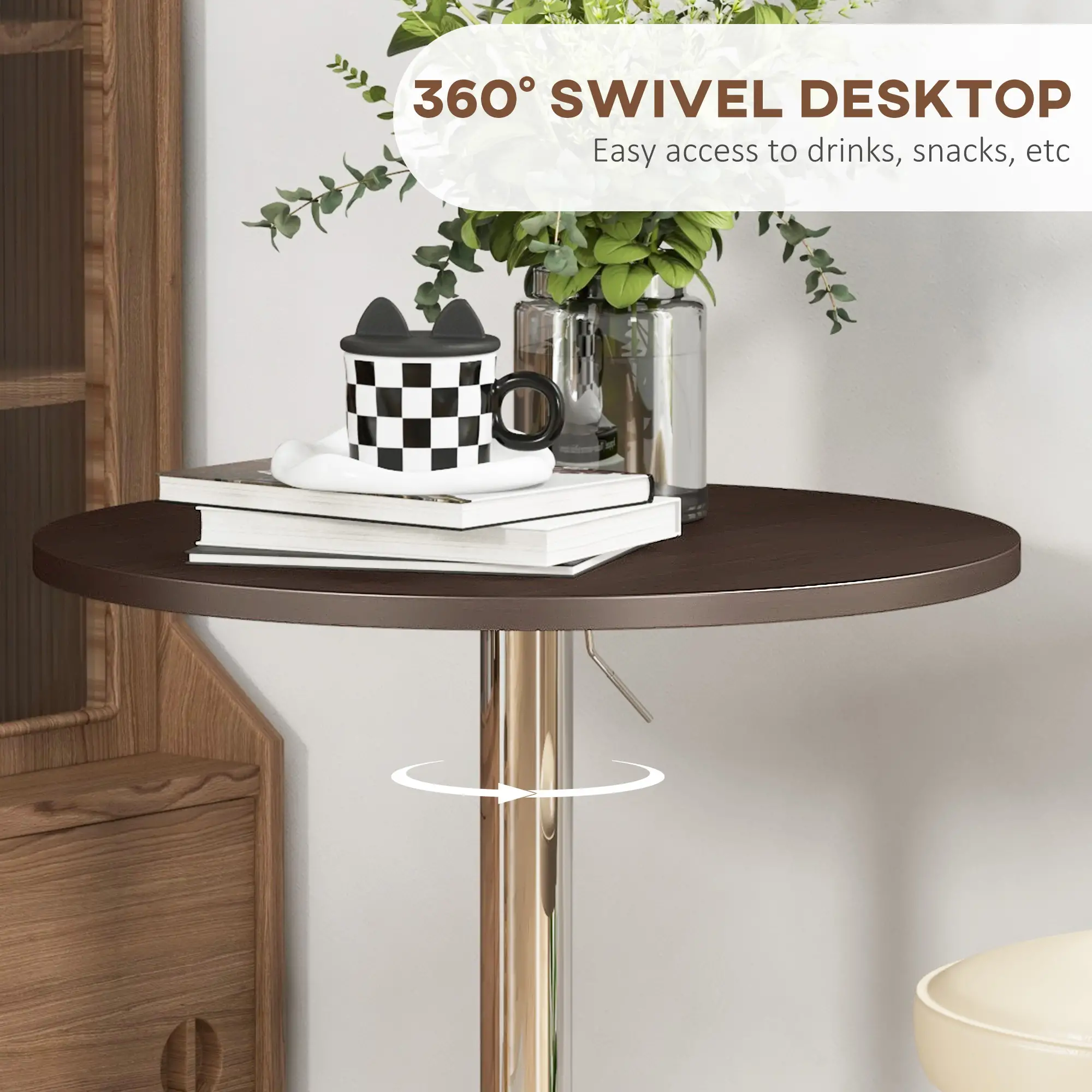 Adjustable Round High Top Bar Table, Swivel Top, Steel Base, Walnut - Image 5