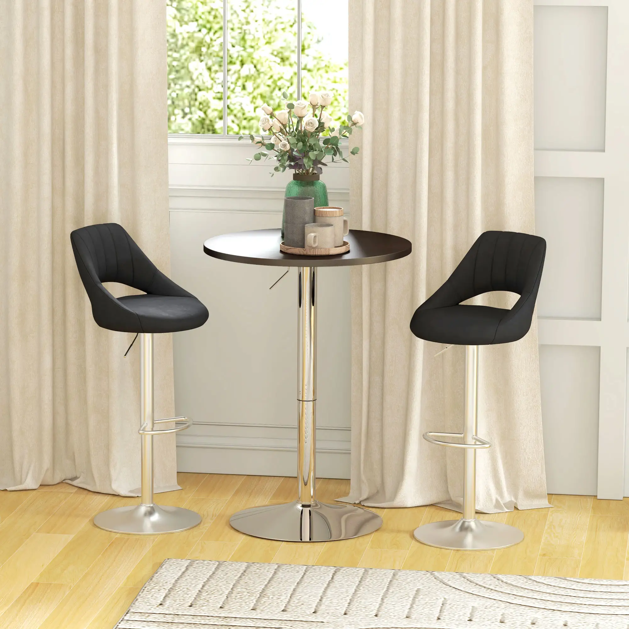 Adjustable Round High Top Bar Table, Swivel Top, Steel Base, Walnut - Image 8