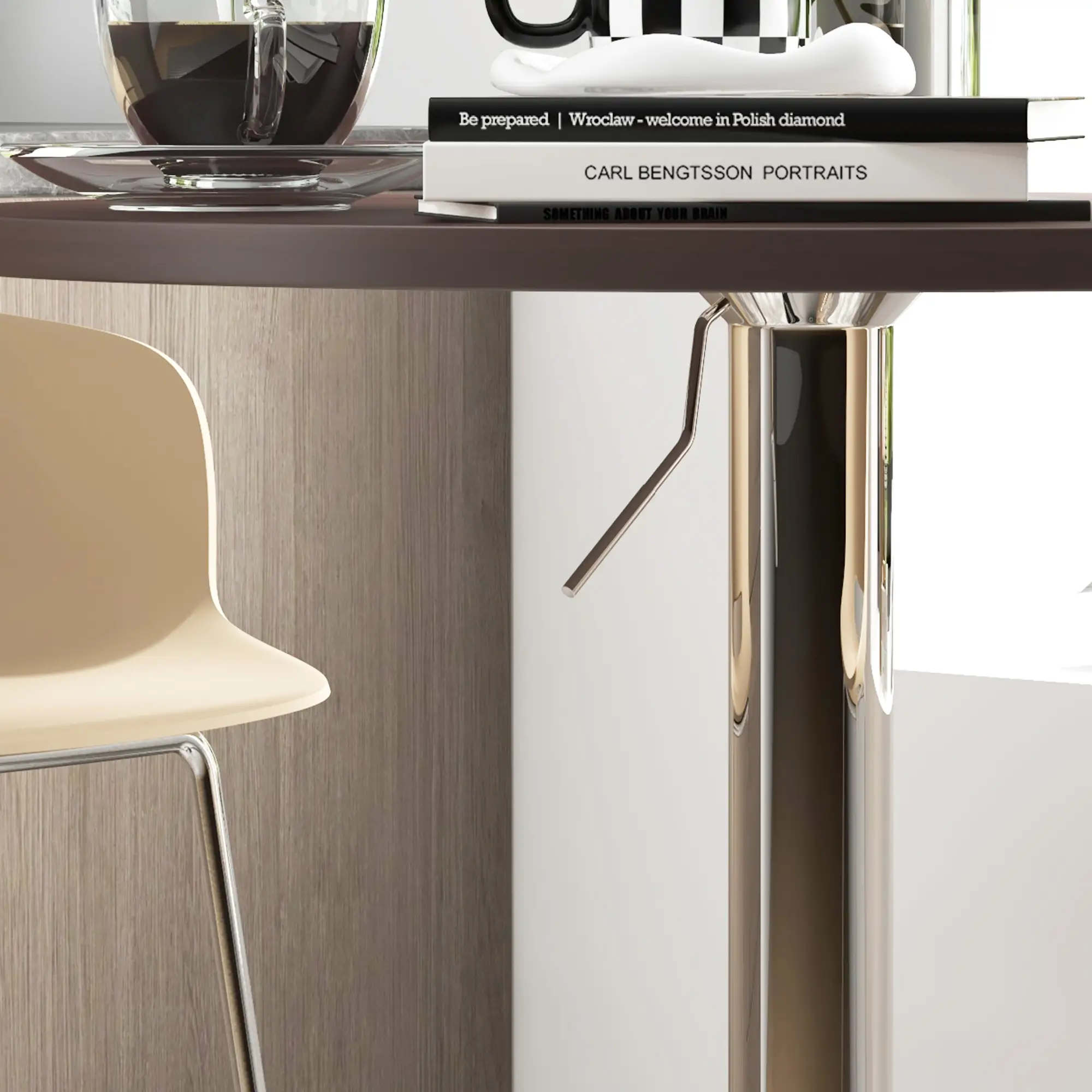 Adjustable Round High Top Bar Table, Swivel Top, Steel Base, Walnut - Image 9