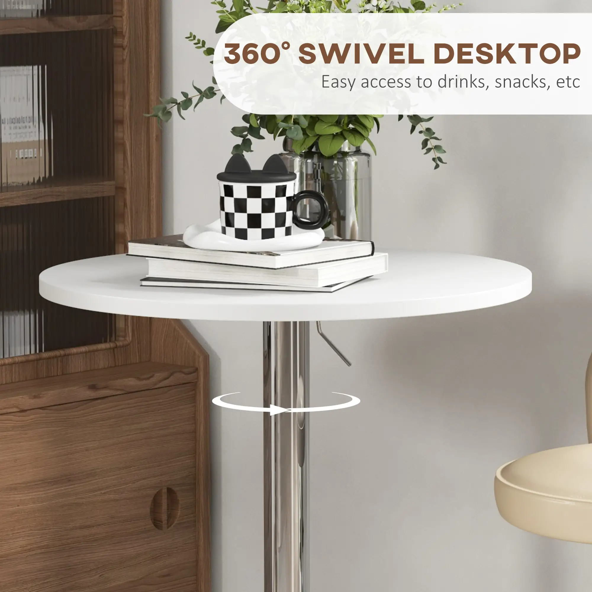 Adjustable Round High Top Bar Table, Swivel Top, Steel Base, White - Image 5