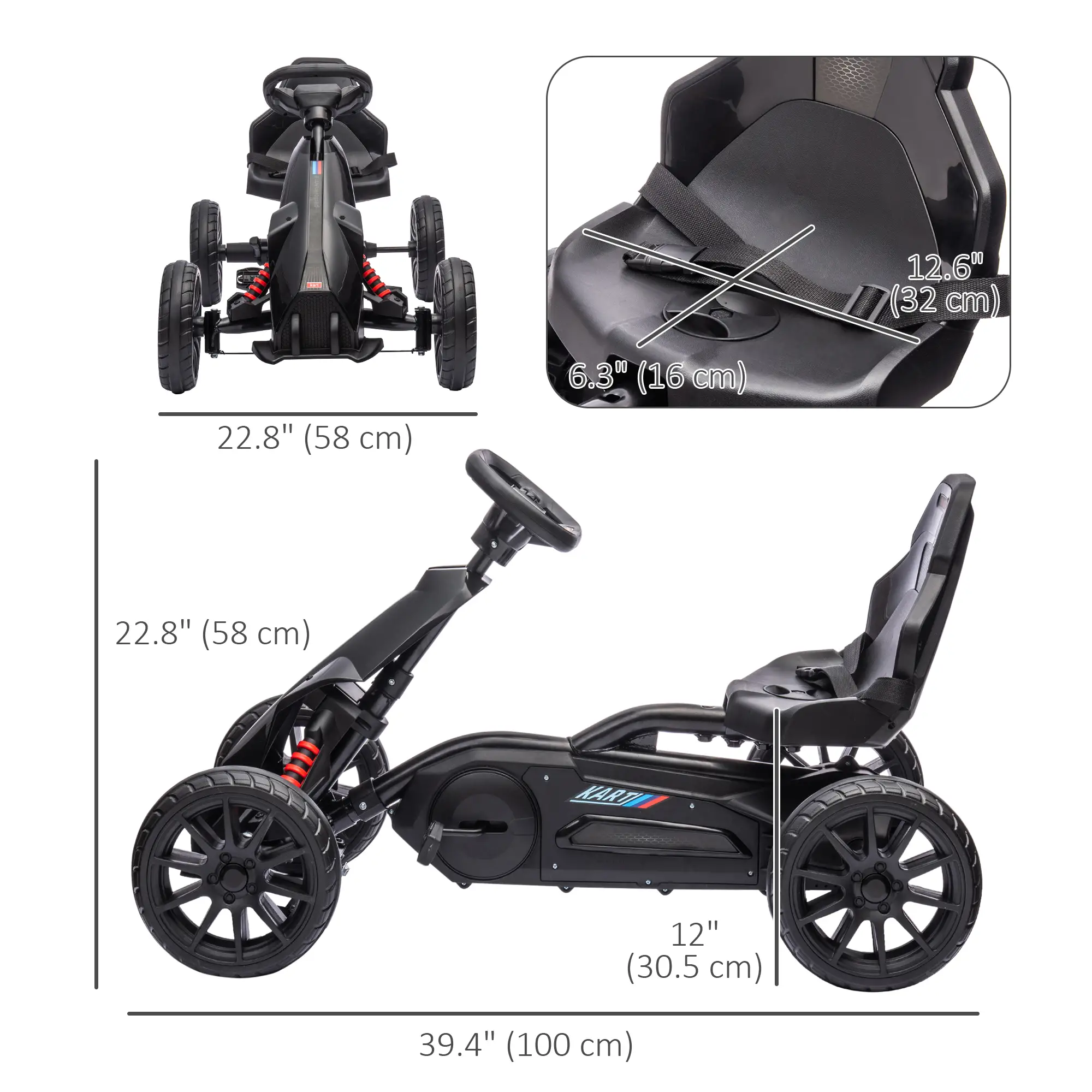Adjustable Seat Go Kart, Forward Backward Handbrake, Shock Absorption, Black - Image 3