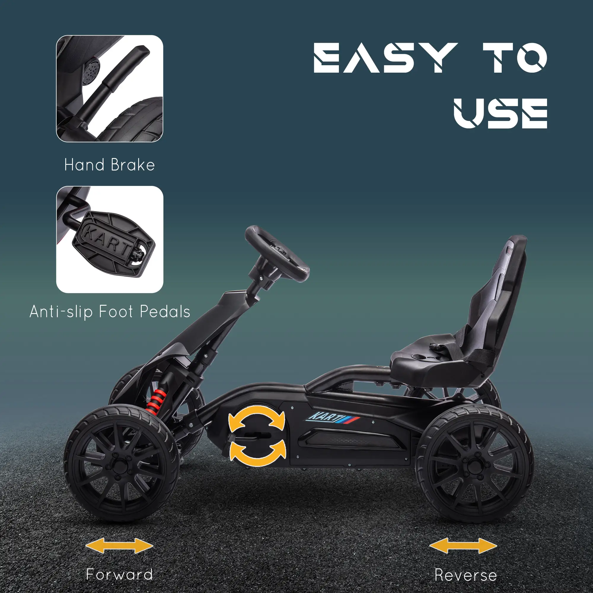 Adjustable Seat Go Kart, Forward Backward Handbrake, Shock Absorption, Black - Image 5