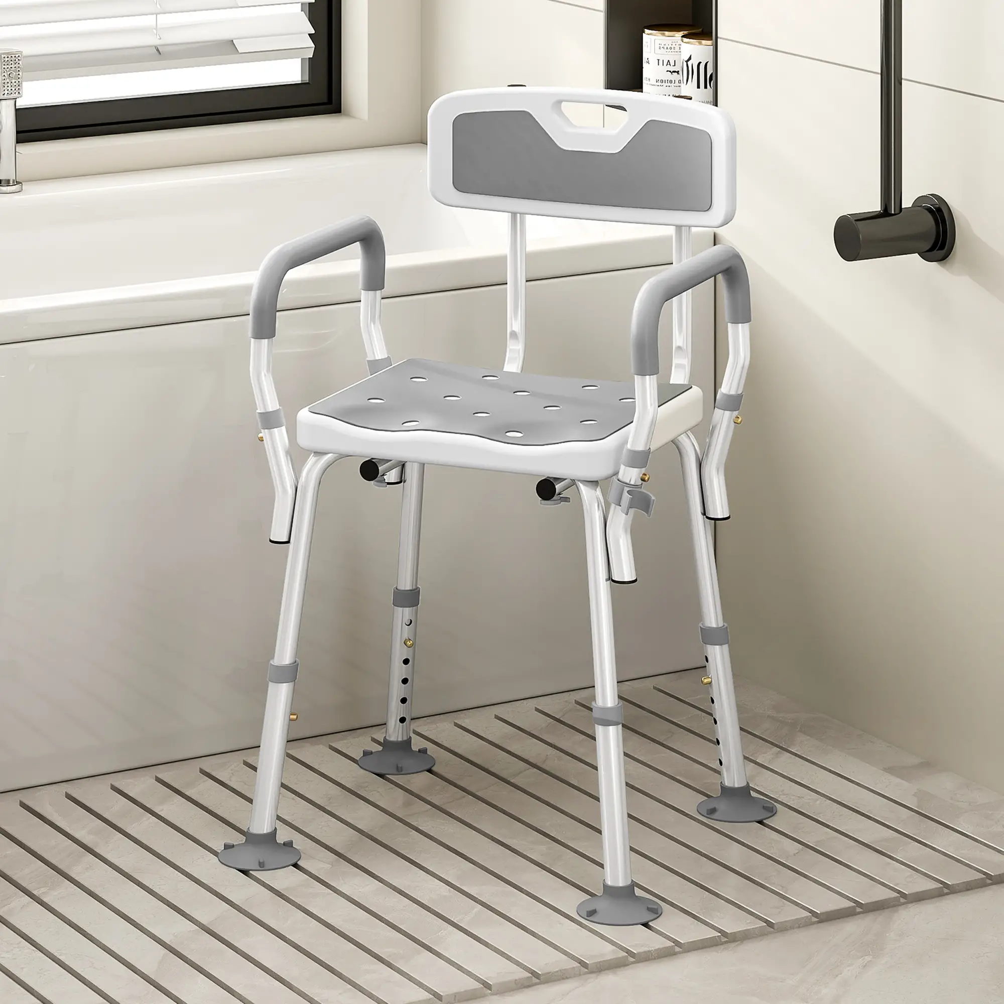 Adjustable Shower Chair With Arms, Back, Padded Seat, Light Grey - Image 2