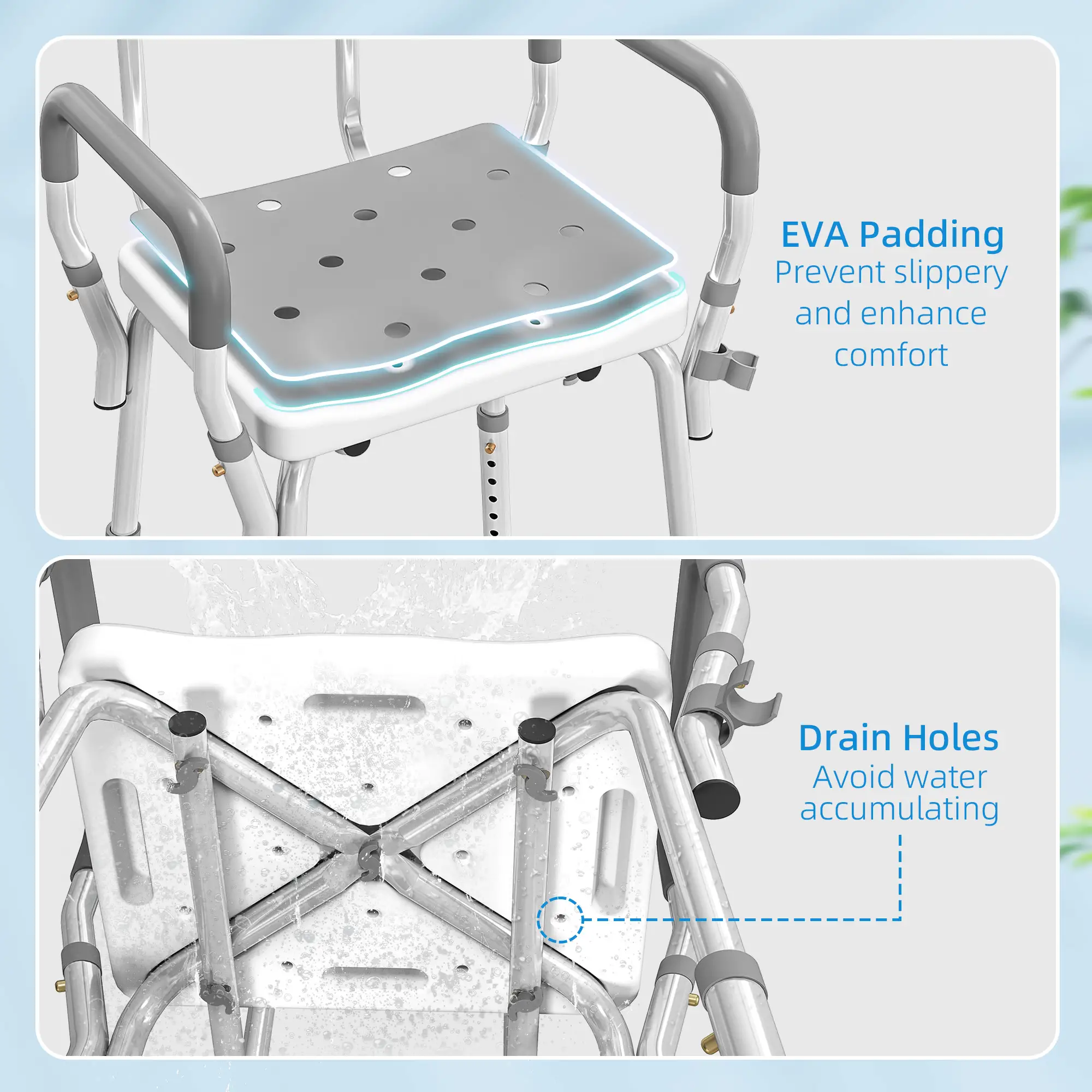 Adjustable Shower Chair With Arms, Back, Padded Seat, Light Grey - Image 4