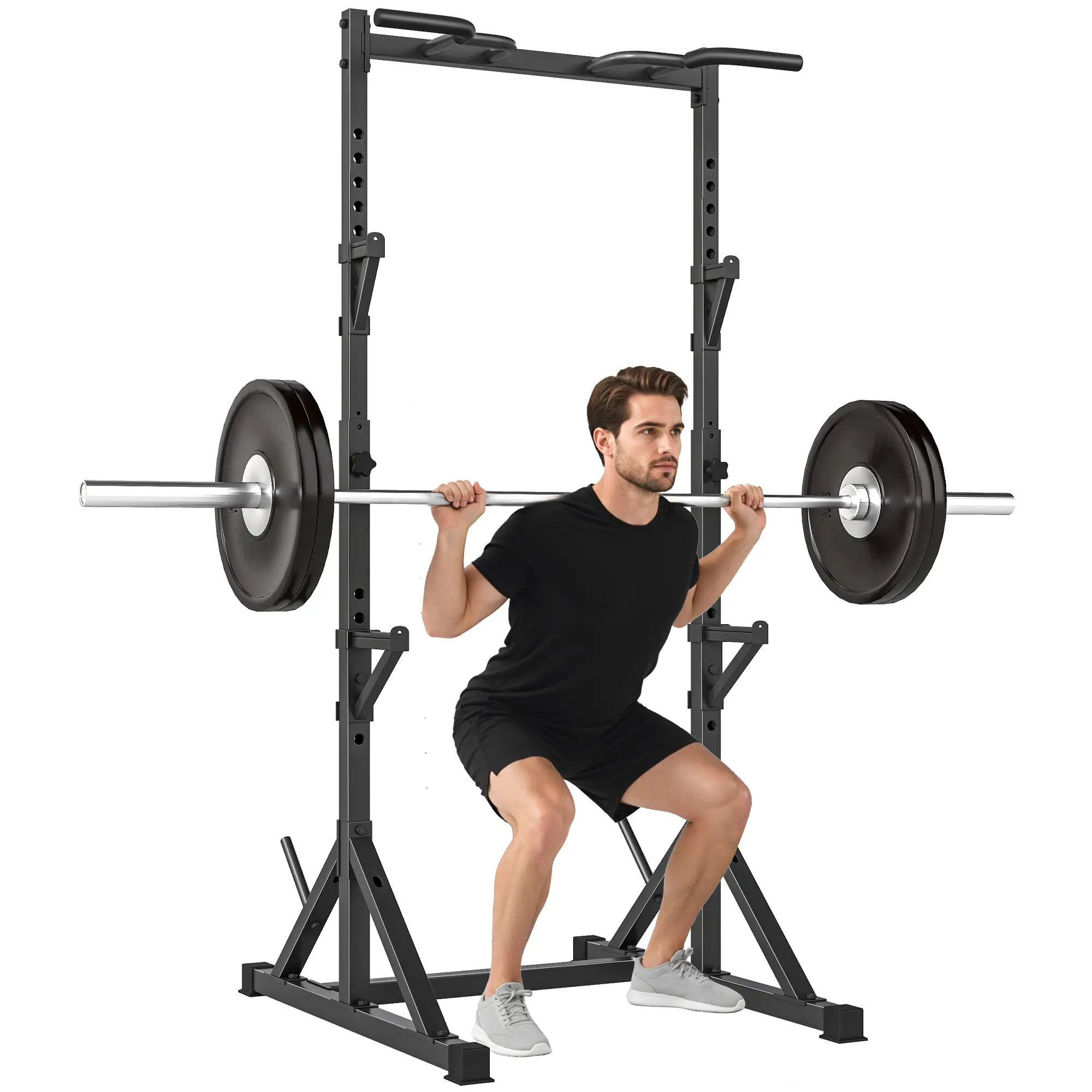 Adjustable Squat Rack, Bench Press Rack With Weight Plate Holders, Black - Image 11