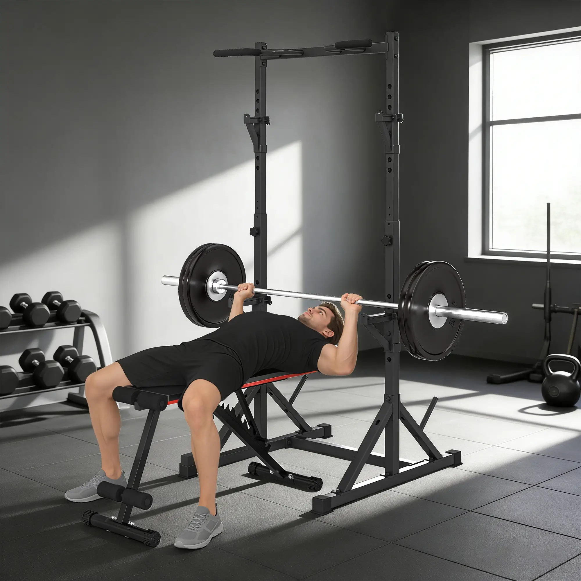 Adjustable Squat Rack, Bench Press Rack With Weight Plate Holders, Black - Image 8