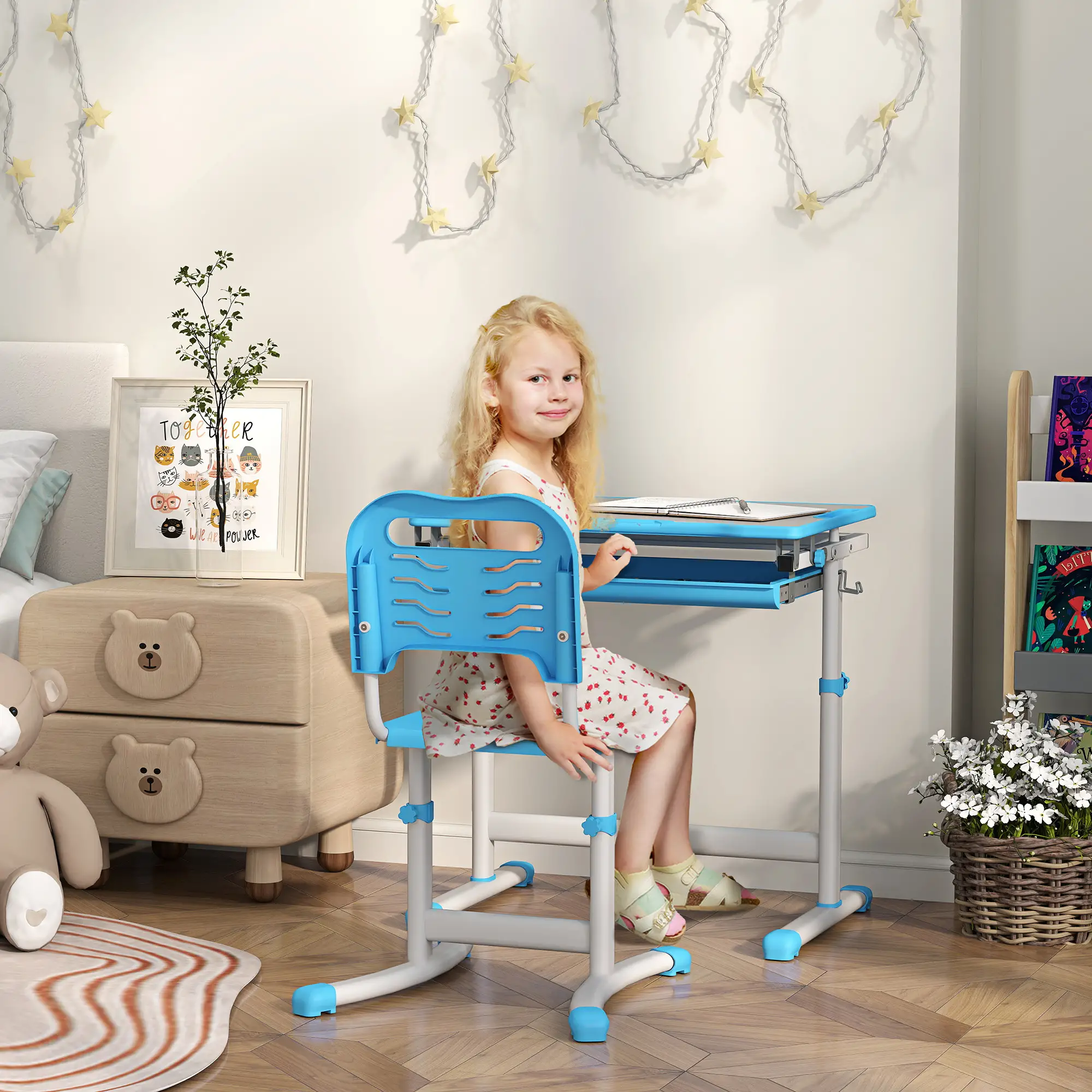 Adjustable Study Table, Chair Set with Drawer, Blue - Image 2