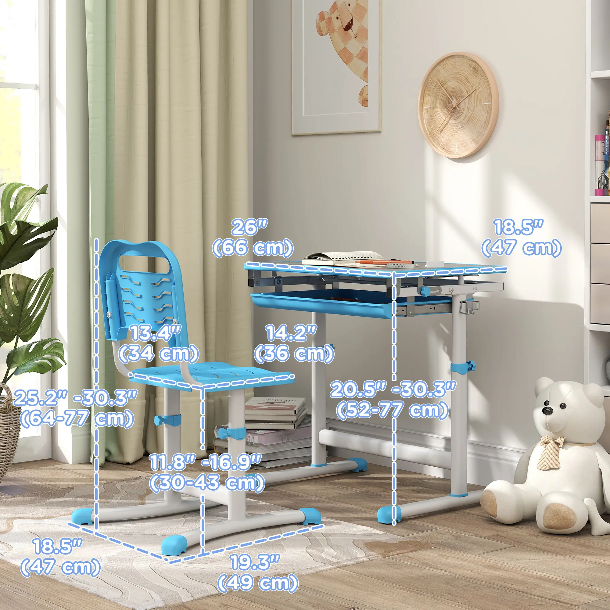 Adjustable Study Table, Chair Set with Drawer, Blue - Image 3