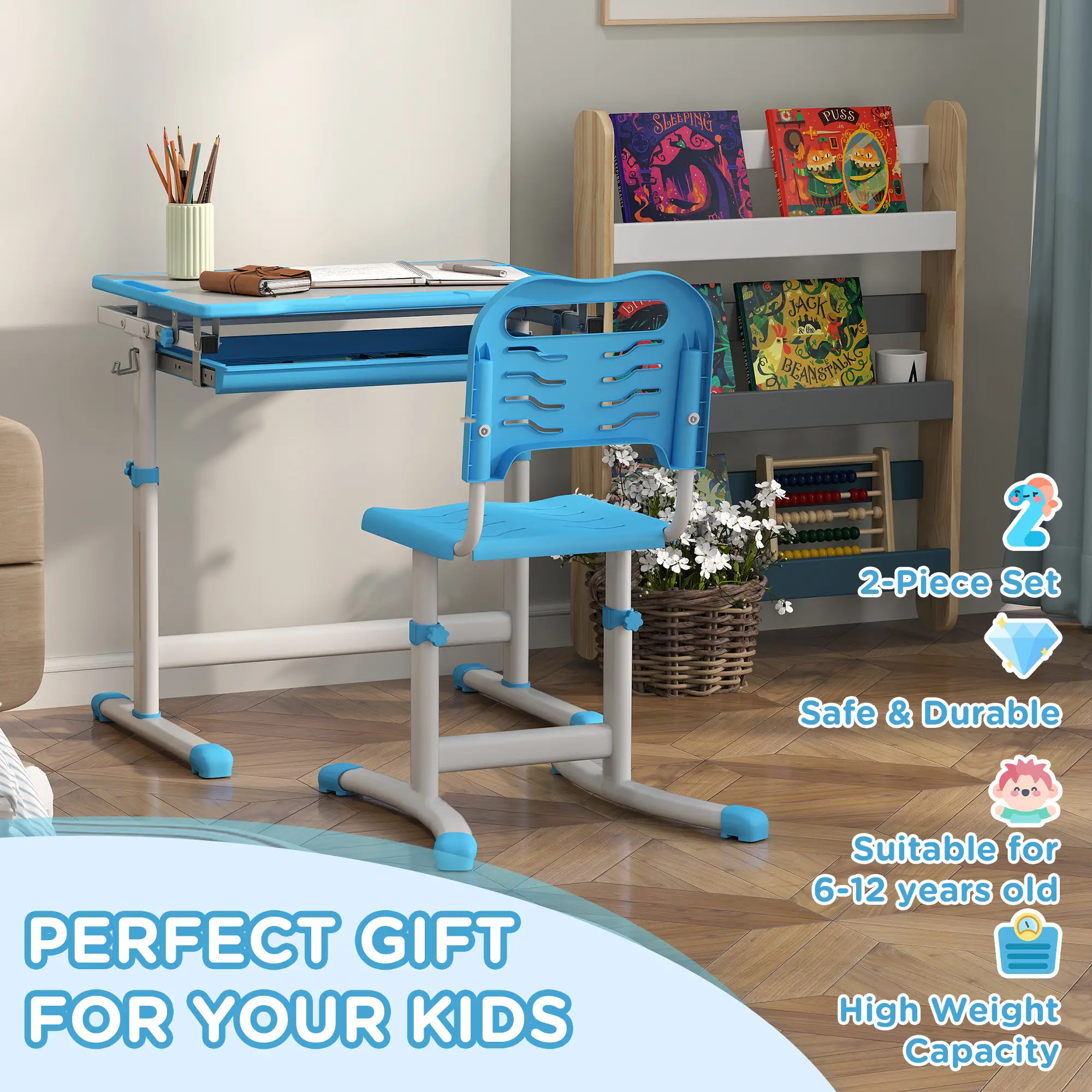 Adjustable Study Table, Chair Set with Drawer, Blue - Image 4