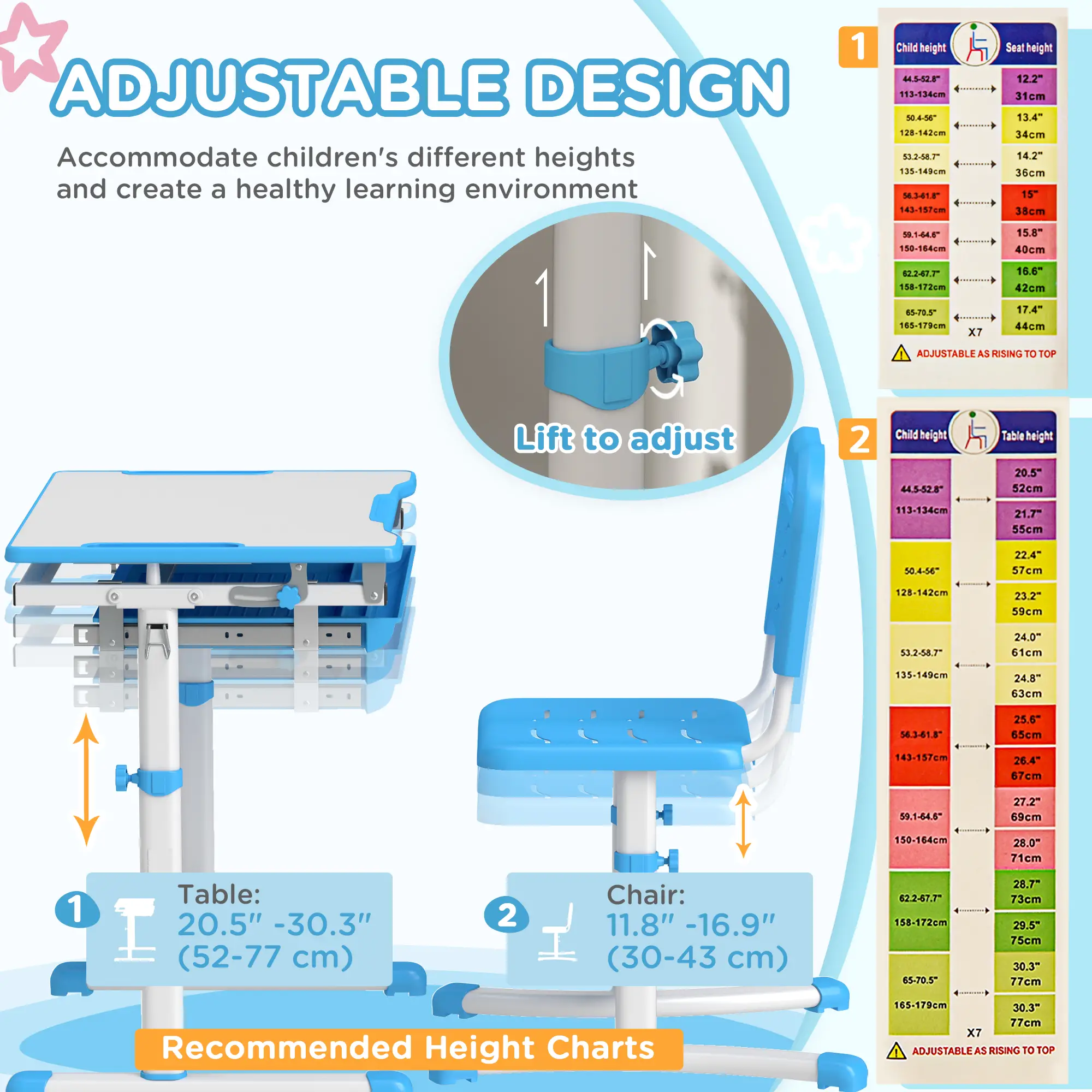 Adjustable Study Table, Chair Set with Drawer, Blue - Image 6