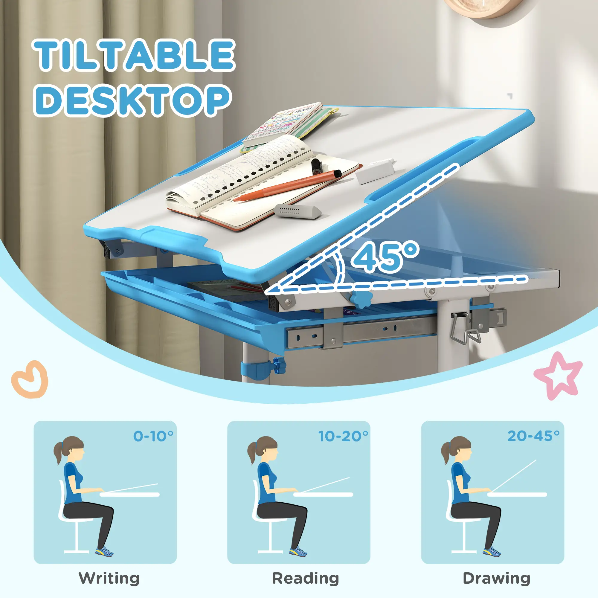Adjustable Study Table, Chair Set with Drawer, Blue - Image 7