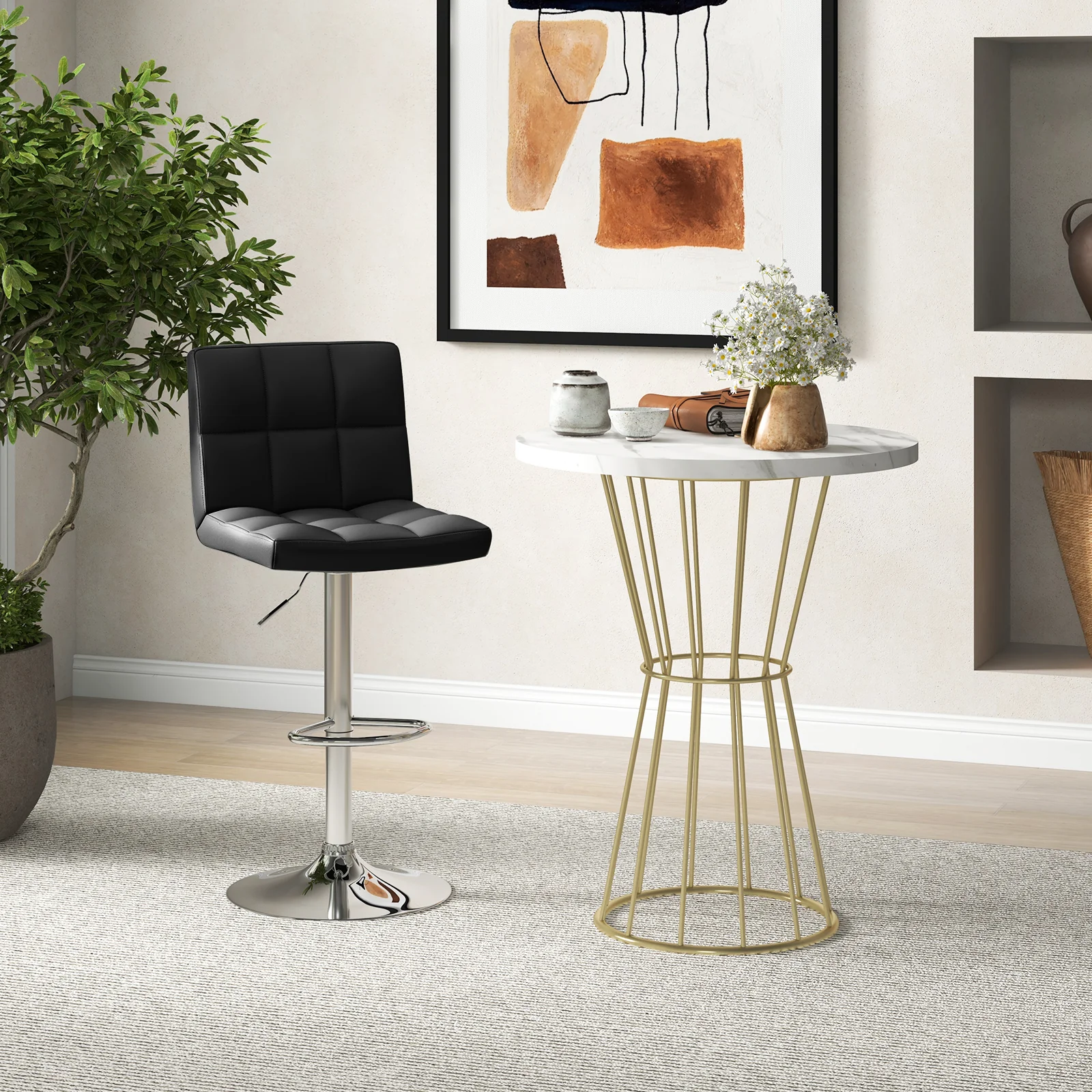 Adjustable Swivel Bar Stool, PU Leather, Black - Image 2
