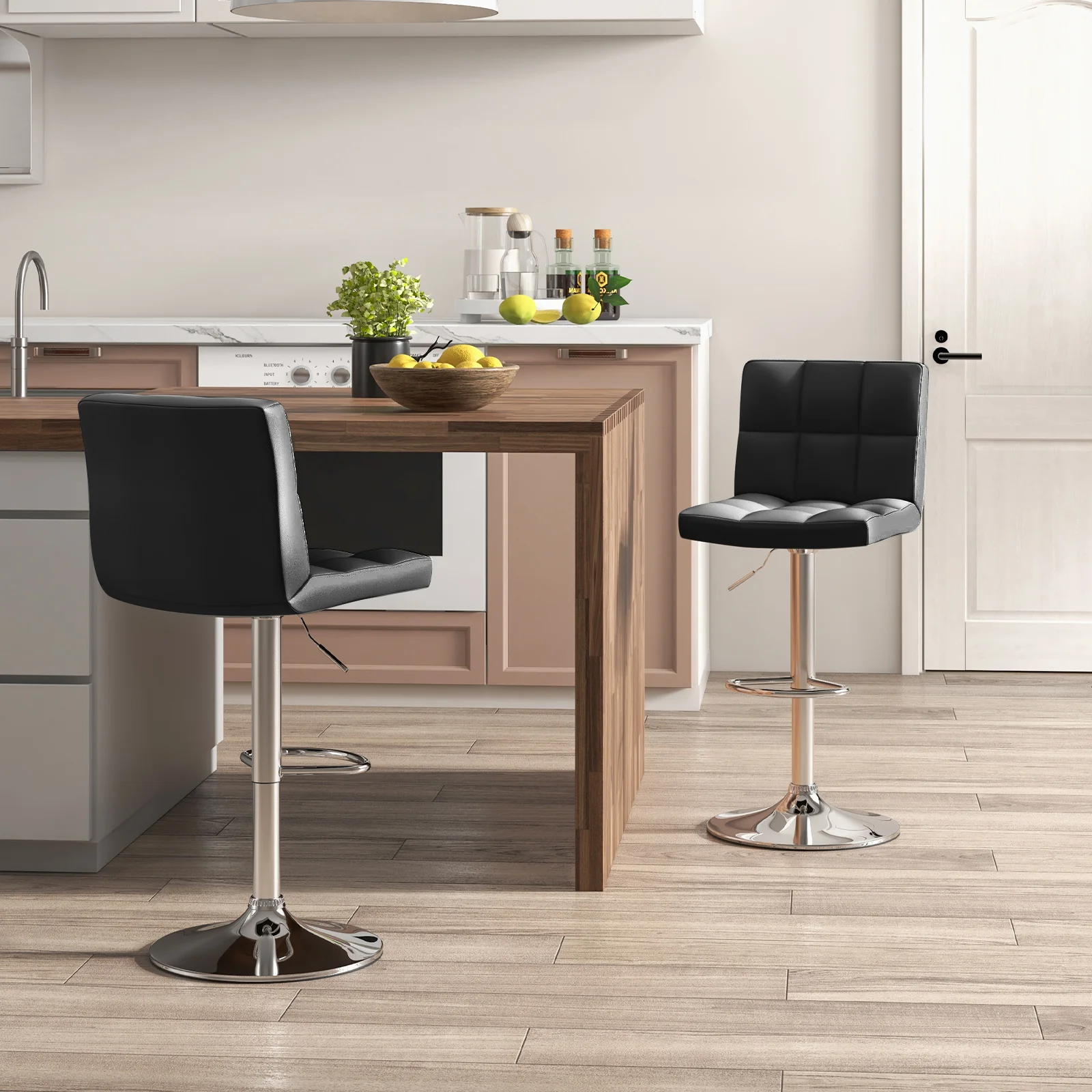 Adjustable Swivel Bar Stool, PU Leather, Black - Image 3