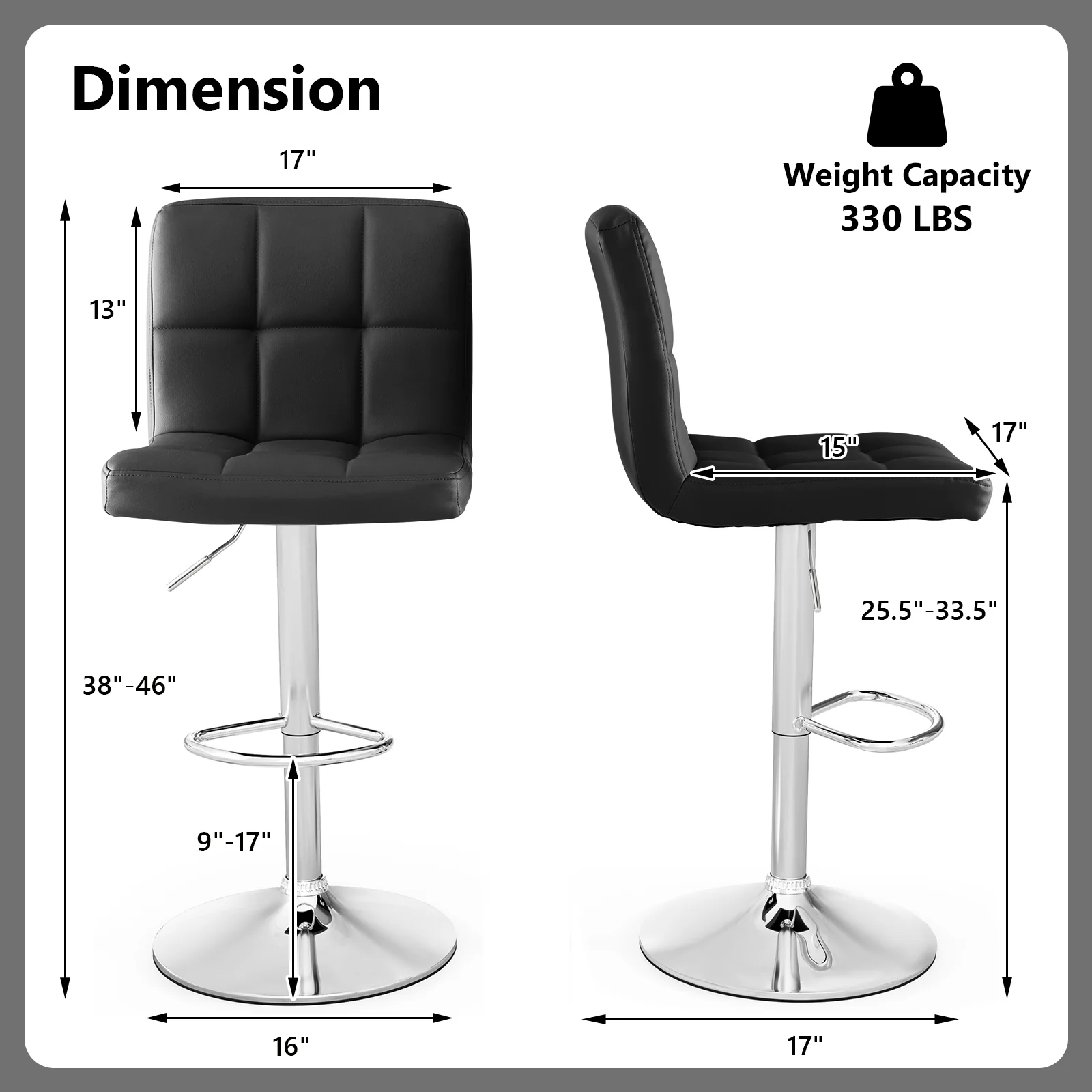 Adjustable Swivel Bar Stool, PU Leather, Black - Image 6