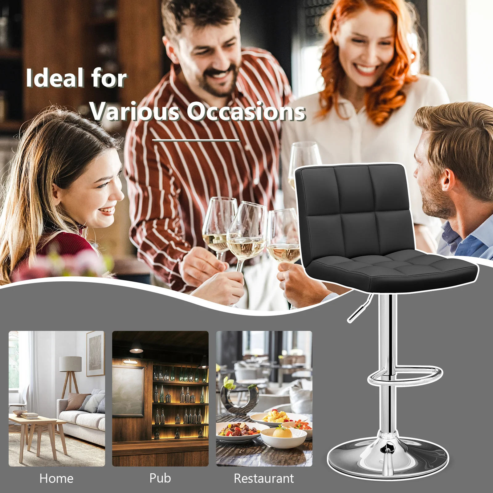 Adjustable Swivel Bar Stool, PU Leather, Black - Image 7