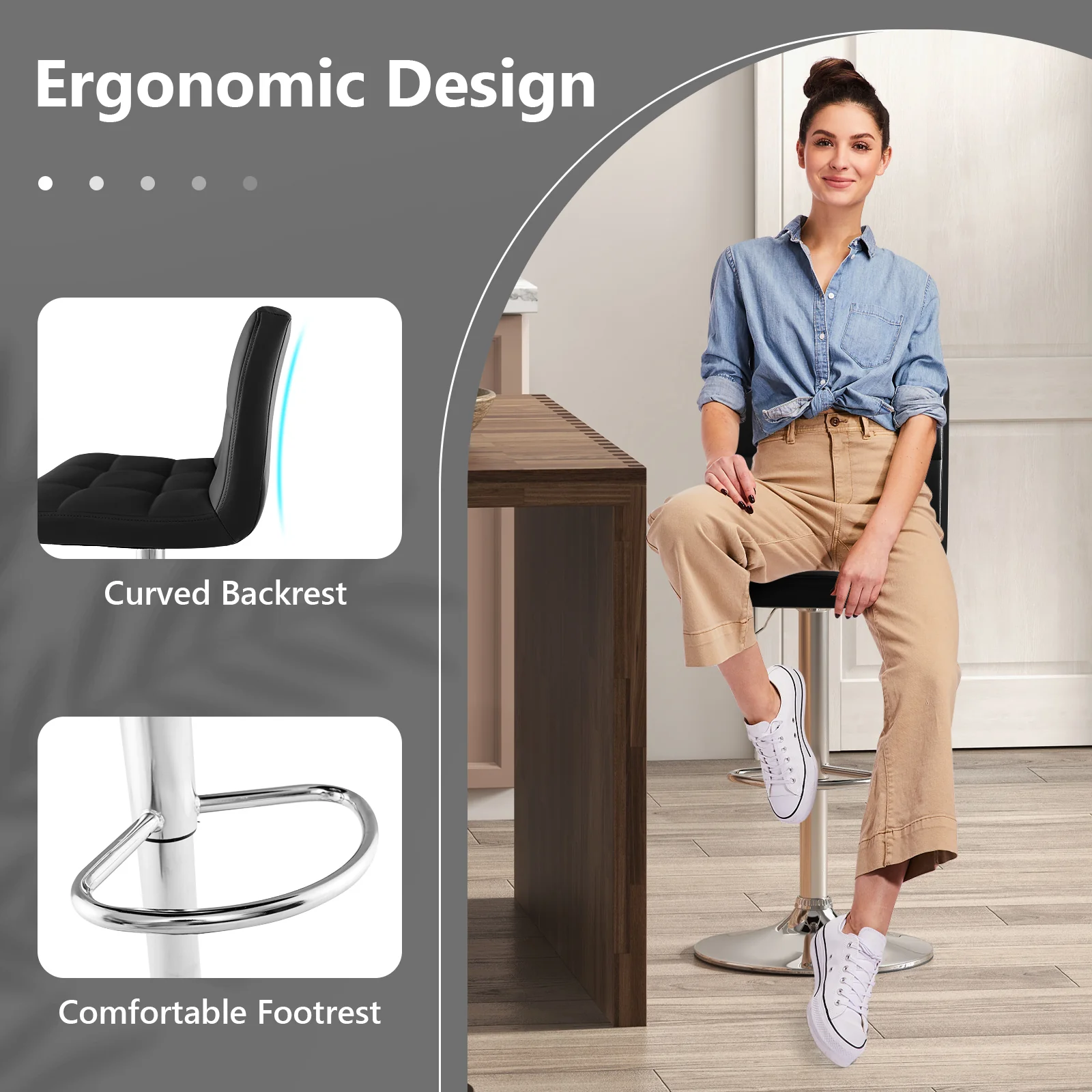 Adjustable Swivel Bar Stool, PU Leather, Black - Image 9