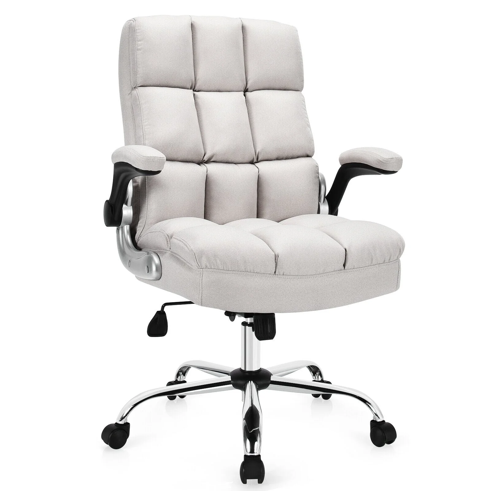 Adjustable Swivel Office Chair, High Back, Flip-Up Arm, Beige